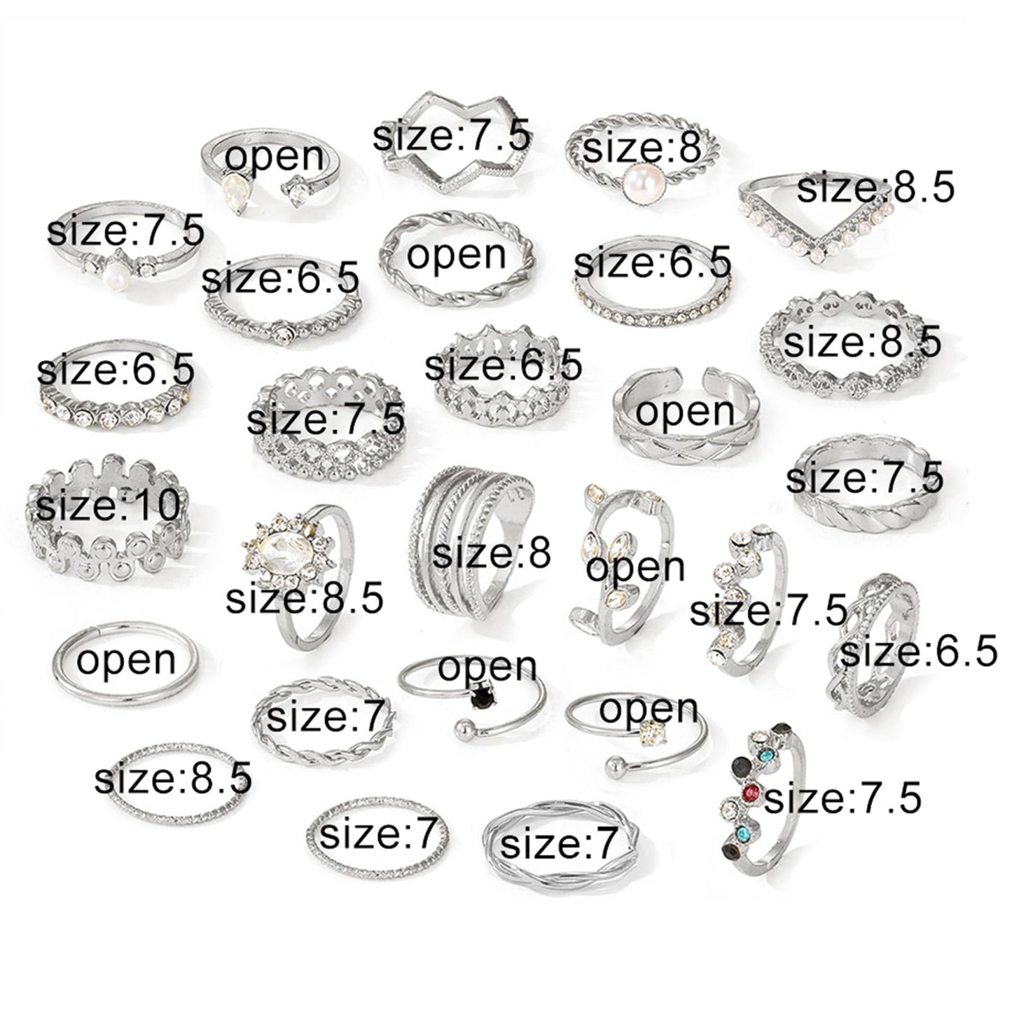 IFKM 28 Pcs Silver Knuckle Rings Set For Women Vintage Stackable Joint Finger Midi Rings Dainty Cubic Zirconia Crystal Simple Twist Hollow Cute Rings Pack Jewelry Gift (Starry Sky, Silver)