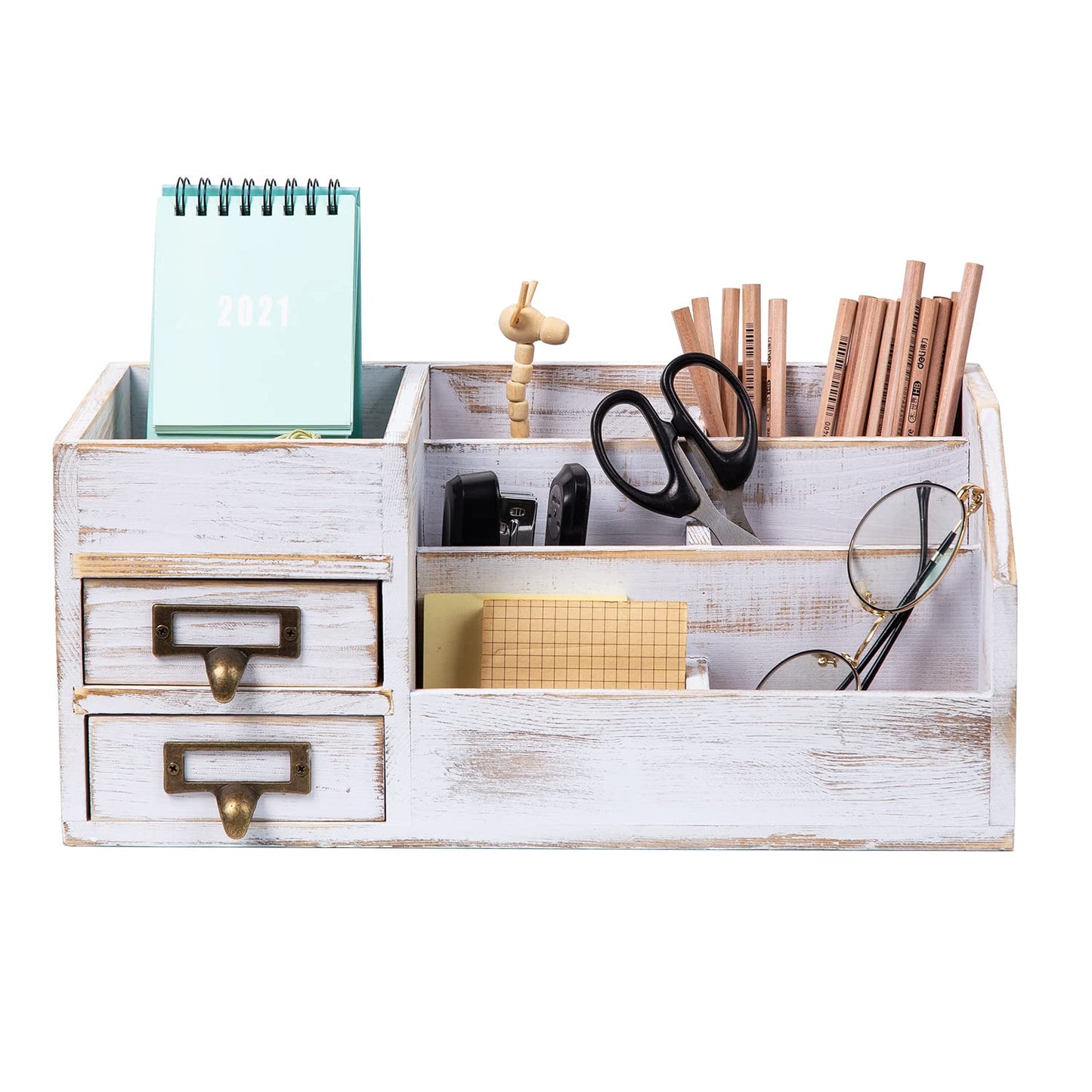Distressed Rustic Wooden Office Desktop Organizer Shelf Tabletop Home Organizer Storage with Multiple Compartments 2 Tier Drawers perfect Jewelry storage Display Box for Desk Vanity (Washed white)