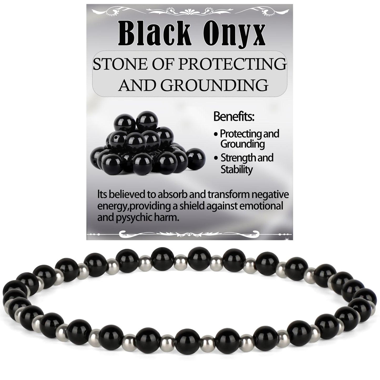 QOGIR Black Onyx - Protecting and Grounding - Stainless Silver Beads Natural Gemstone Stretch Elastic Dainty Healing Beaded Bracelets Gifts 4mm