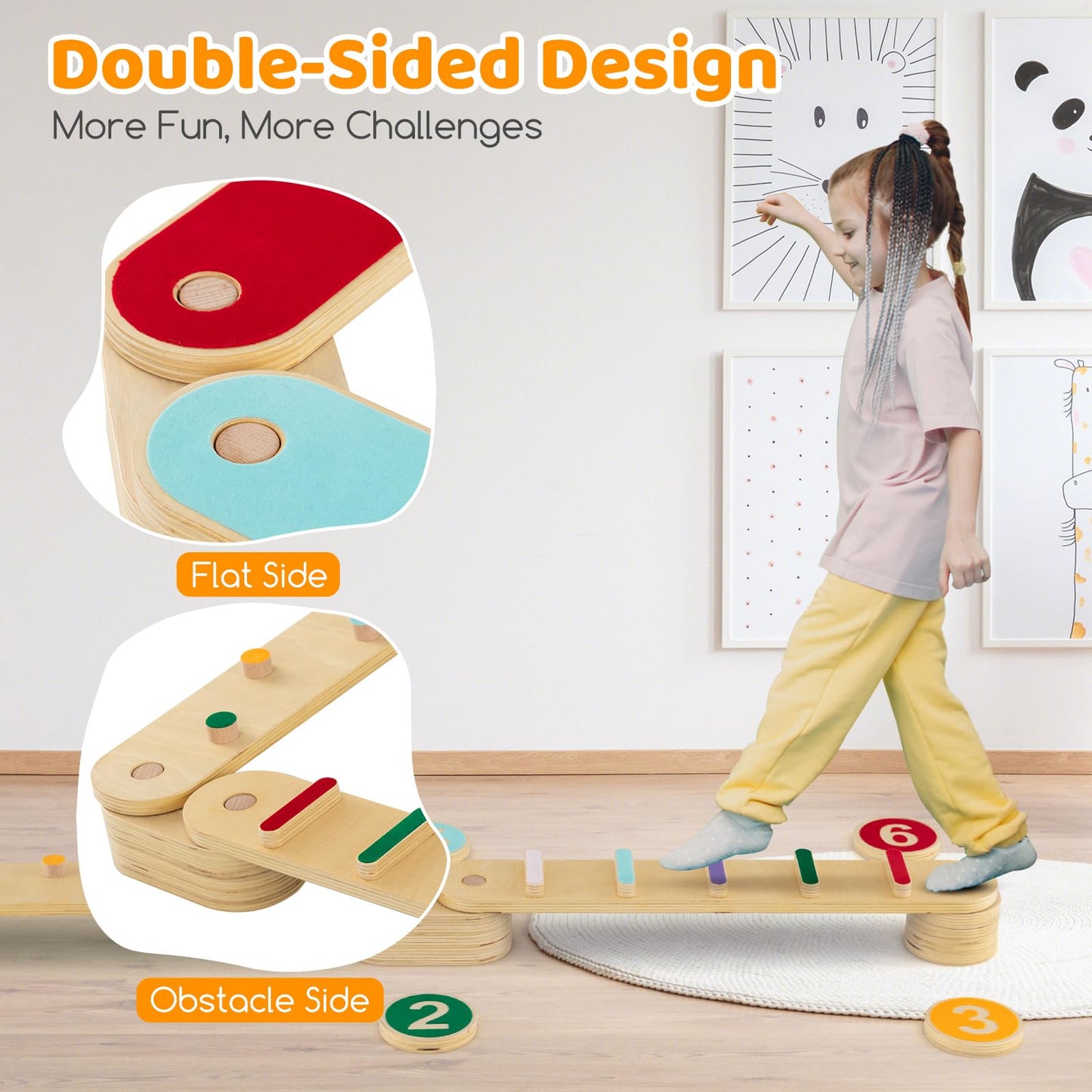 Costzon Montessori Wooden Balance Beam Step Stones, Double-Sided 12-pcs Kids Gymnastics Obstacle Course Balance Board Playset for Coordination, Motor Skills, Natural Development Toy Gift Age 3+ Years