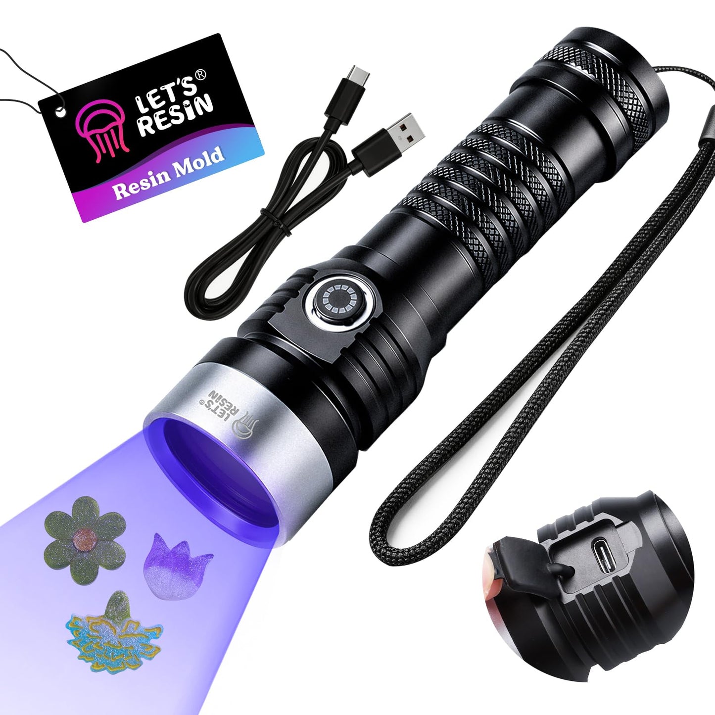 LET'S RESIN UV Flashlight 365nm UV Light for Resin Curing, 7 LED Lamp, USB-C Rechargeable 3000mAh Black Flashlight, Portable UV Cure Lamp for Resin Molds, Jewelry DIY, Stain Detection