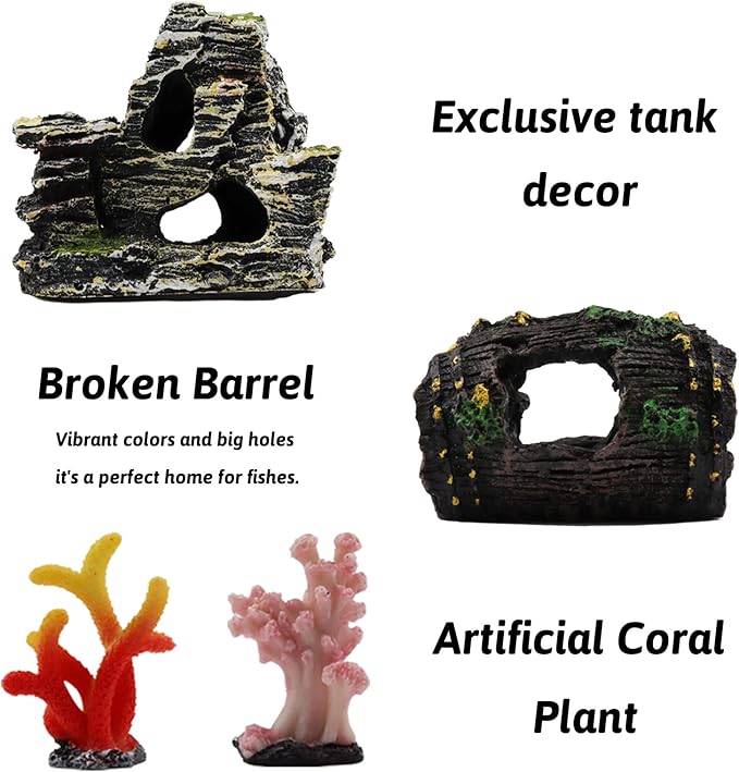 PietyPet Fish Tank Decorations Plants with Resin Broken Barrel and Cave Rock View, 15pcs Aquarium Decorations Plants Plastic,Fish Tank Accessories, Fish Cave and Hideout Ornaments, Aquarium Decor
