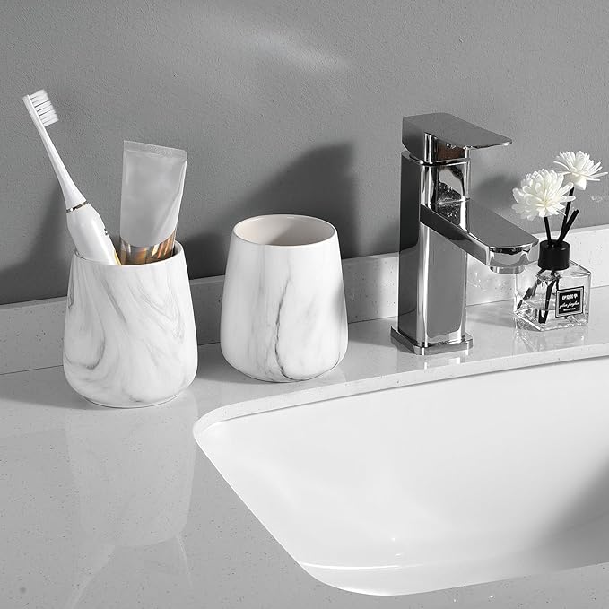 Marble White Toothbrush Holder for Bathroom - Ceramic Tooth Brushing Holders, Toothbrush Cup, Toothpaste Organizer for Bathroom Countertop, Makeup Brush Holder, Pen Holder for Home Desktop Storage