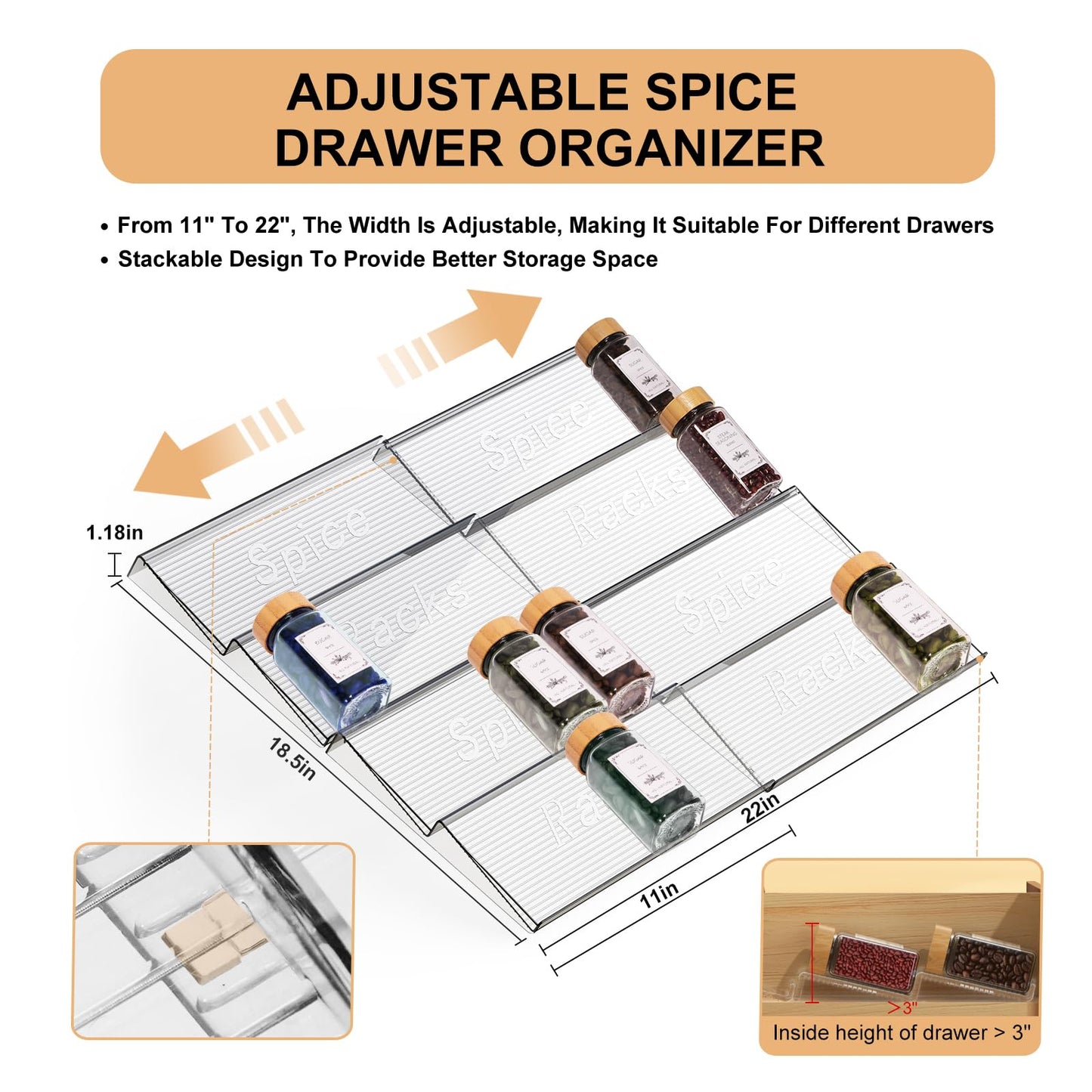 24 Spice Jars with Spice Drawer Organizer, 355 Spice Labels, 2 Pack Expandable From 11'' to 21'' Acrylic Spice Rack for Drawer, Seasoning Containers Storage Organization for Kitchen Cabinet Countertop