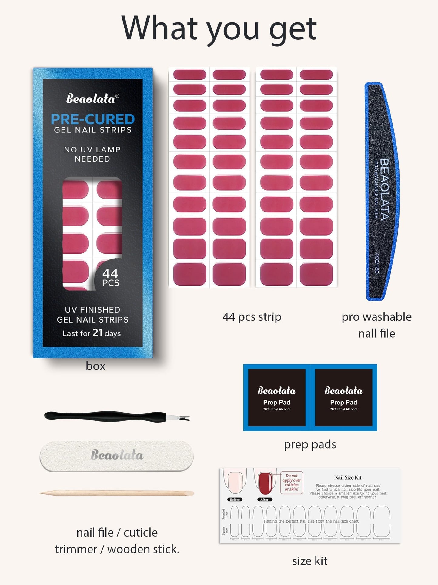 Beaolata Real Gel Nail Strips (No UV Light Needed) - 44Pcs Salon Quality Nail Stickers - Long Lasting Polish Wraps for Women, Easy Apply & Remove (Passionfruit Pink)