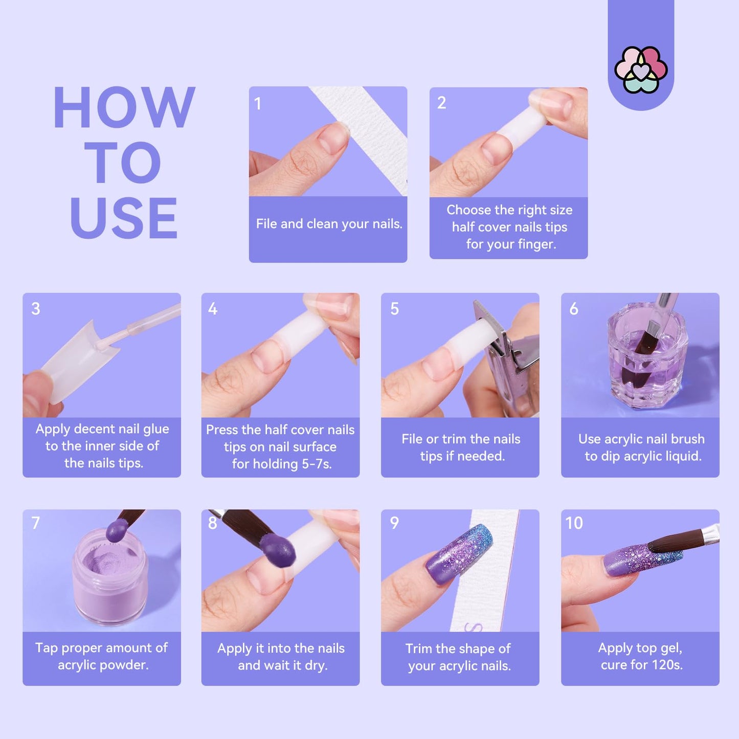 SAVILAND Acrylic Nail Tips with Acrylic Nail Brush: 10 Sizes Half Cover French Nails Tips Manicure Brush Size 8/10/14 for Acrylic Powder Nail Kit with Box Art At Home DIY