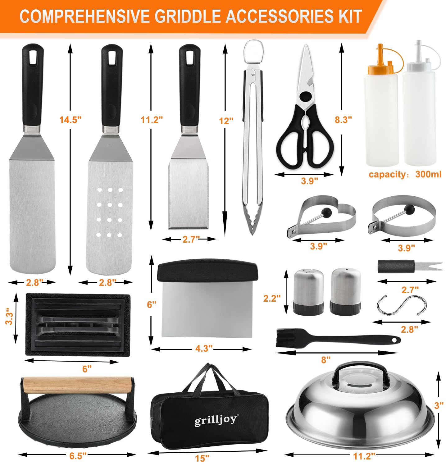 grilljoy Professional Griddle Accessories Kit Set with Smash Burger Press - Extra Thick Grill Spatula, Turner, Flipper - 38PCS Flat Top Grill Tools Kit for Outdoor Barbecue Teppanyaki Camping Cooking