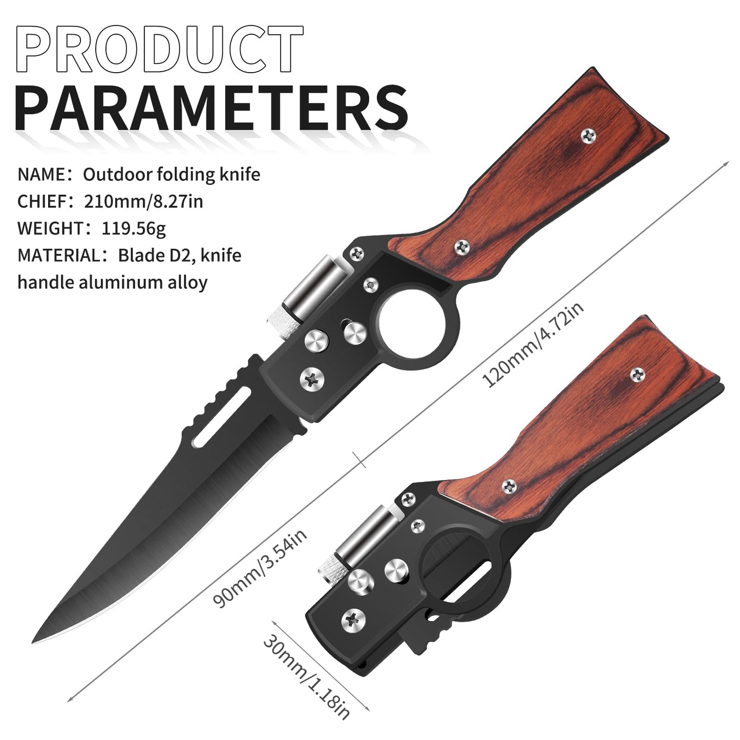 Uninuou AK47 Style Tactical Folding Pocket Knife （Black）– EDC Gift for Men with LED Light, Wood Handle & Pocket Clip, Laser Engraving Ready, Outdoor Camping Hiking Gear (1)