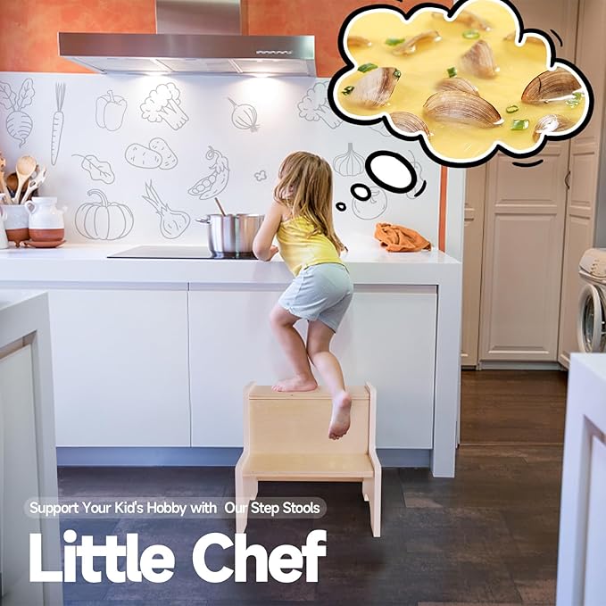 WOOD CITY Kids Step Stool for Toddler, Wooden White-Natural Patchwork Two Step Children's Stools with Handles, Bonus Non-Slip Pads for Safety, Bathroom Potty Stool & Kitchen Step Stools Dual Height