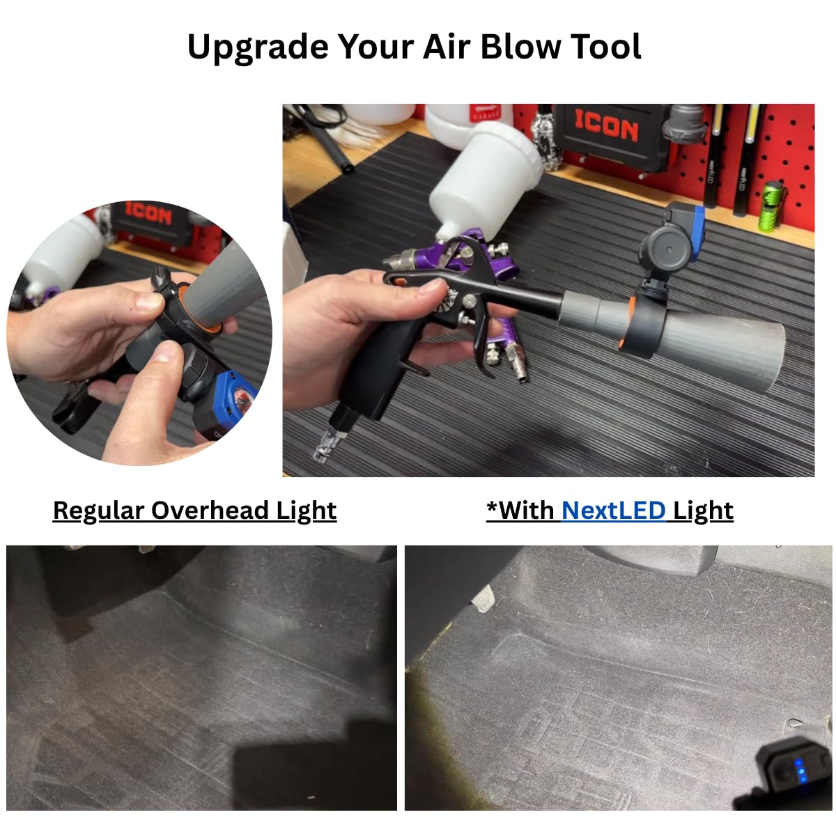 NextLED NT-R3202 Rechargeable Paint Spray Gun Light, CRI 95+ Color Match with 3 Lighting Modes (3000K/4400K/6300K), 450 LM, Mountable & Detachable, Wide Beam, Universal Auto Paint Gun Light Bracket