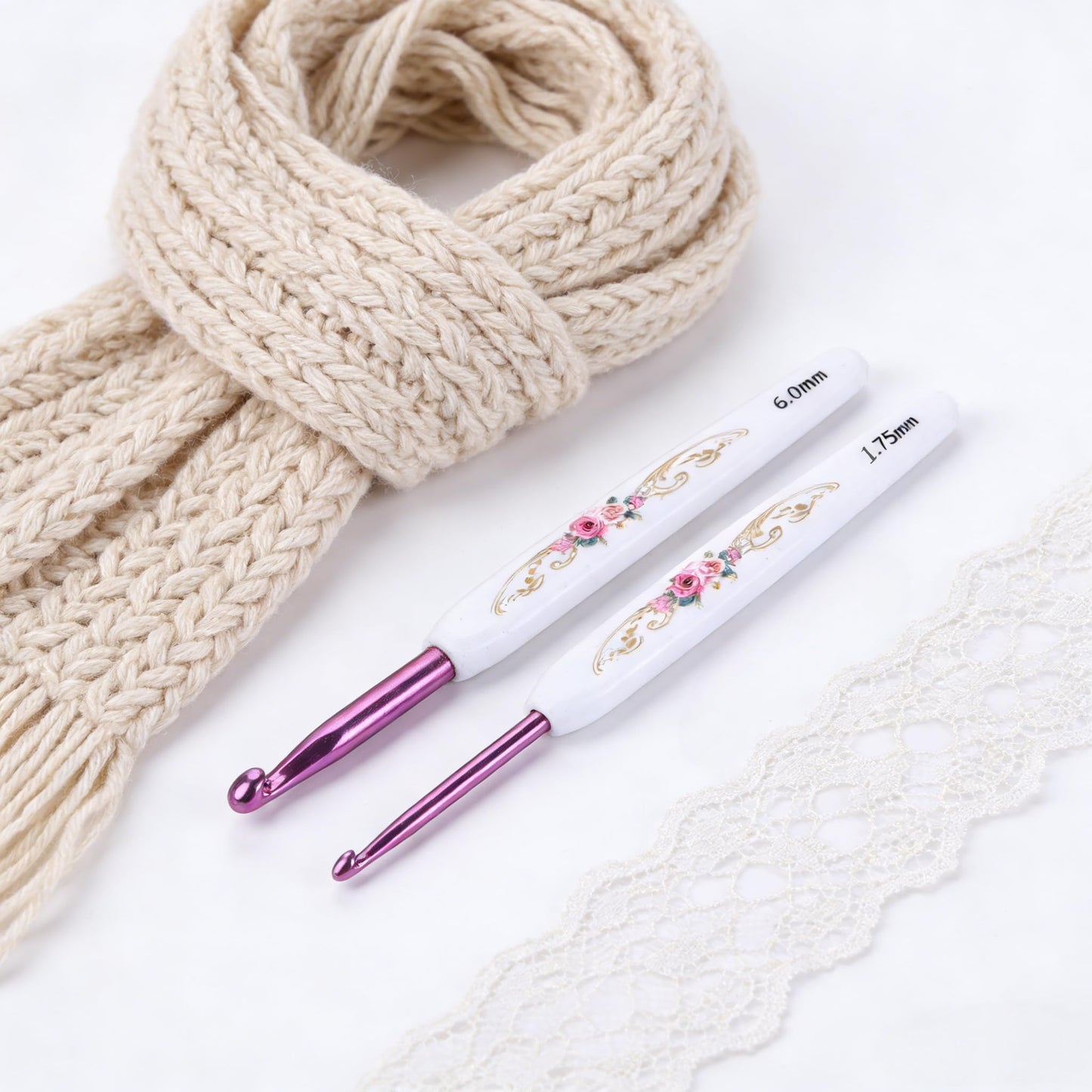 Crochet Hooks Needles,16 Pcs Cute Needles for Arthritic Hands,Extra Long Chinese Style Crochet Hook Set Flower Pattern Ergonomic Soft Grips Knitting Hook for Crochet Yarn Craft (Pink)