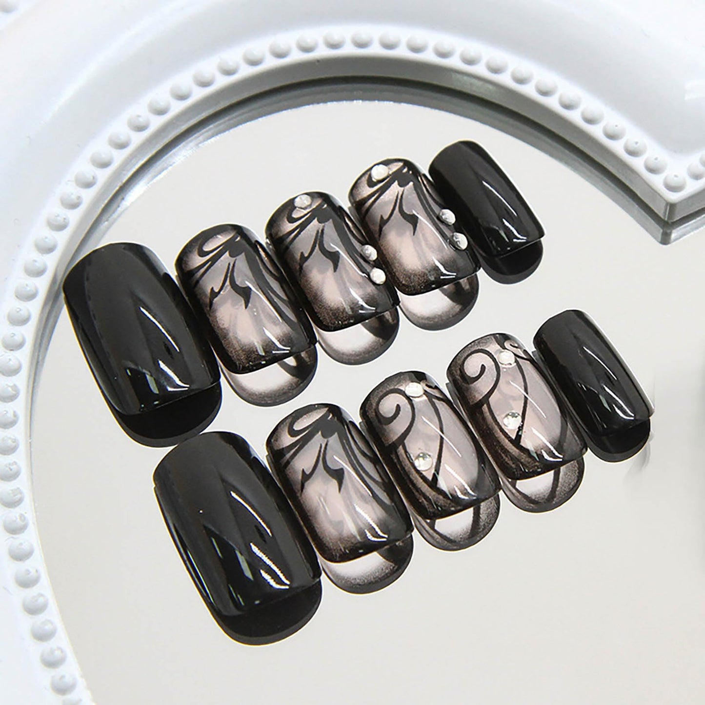 Rilafuvu Press on Nails Short Square Acrylic Fake Nails Black Glue on Nail with Design Full Cover False Nails Glossy Nails Press ons Short Stick on Nail for Women