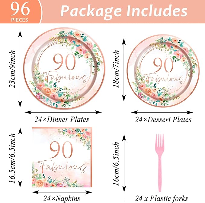 OBUSATT 96Pcs Floral 90 Fabulous Party Supplies 90th Birthday Paper Plates Napkins Rose Gold Party Decorations 90 Years Dinnerware Party Favor Women 90th Tableware Serves 24