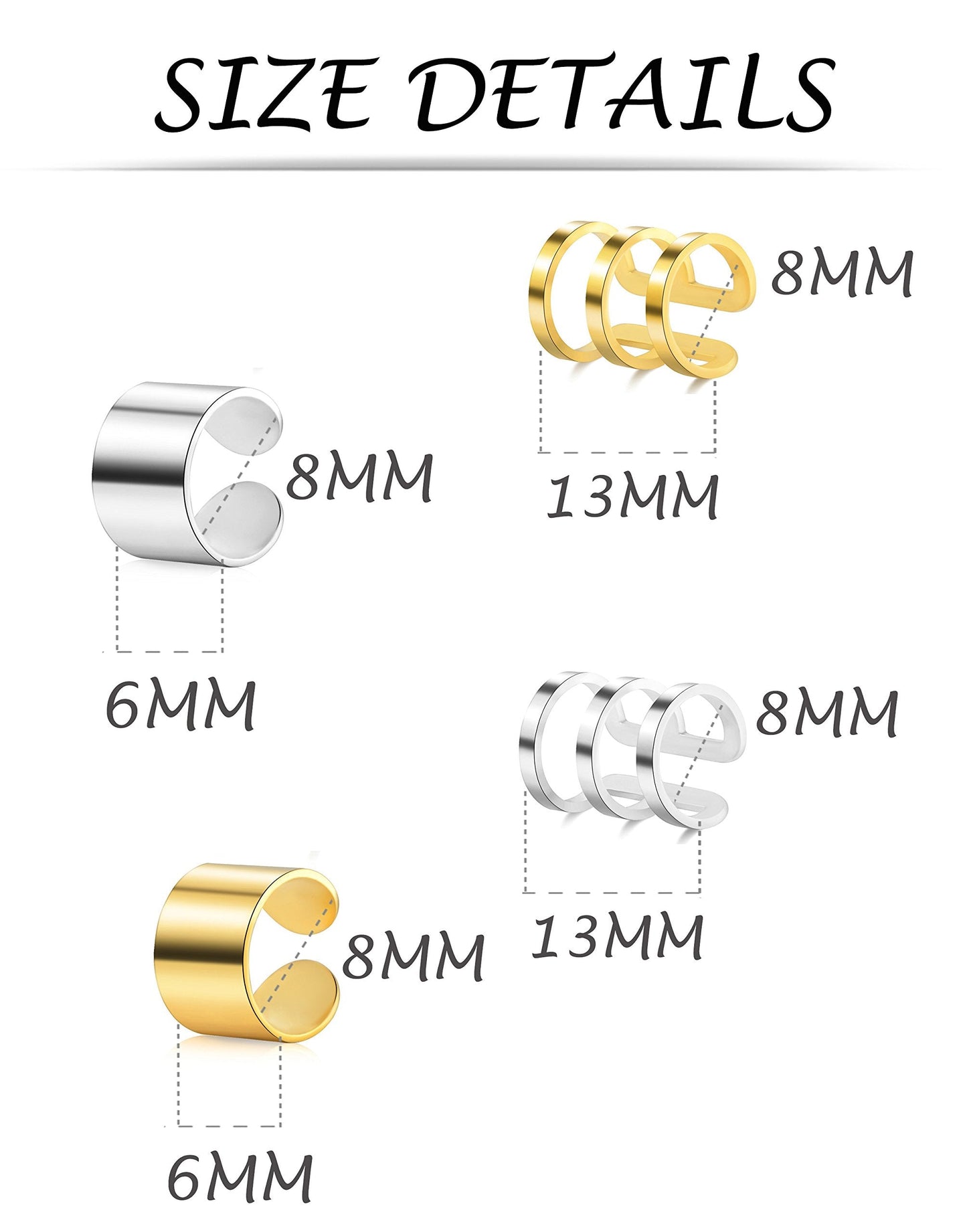 Tornito 4-10 Pairs Stainless Steel Ear Cuff Helix Cartilage Clip On Wrap Earrings Fake Nose Ring Non-Piercing Adjustable (B3:4 Pairs, Silver&Gold Tone)