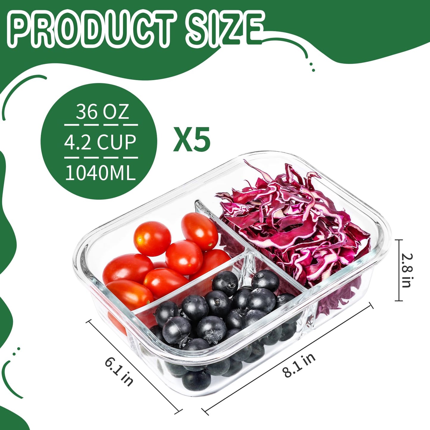 Skroam 5-Packs 36OZ Glass Airtight Food Storage Containers 3 Compartments, Meal Prep Container Set with Lids for Pantry Kitchen Organizers and Storage, BPA Free Glass Lunch Boxes Bento