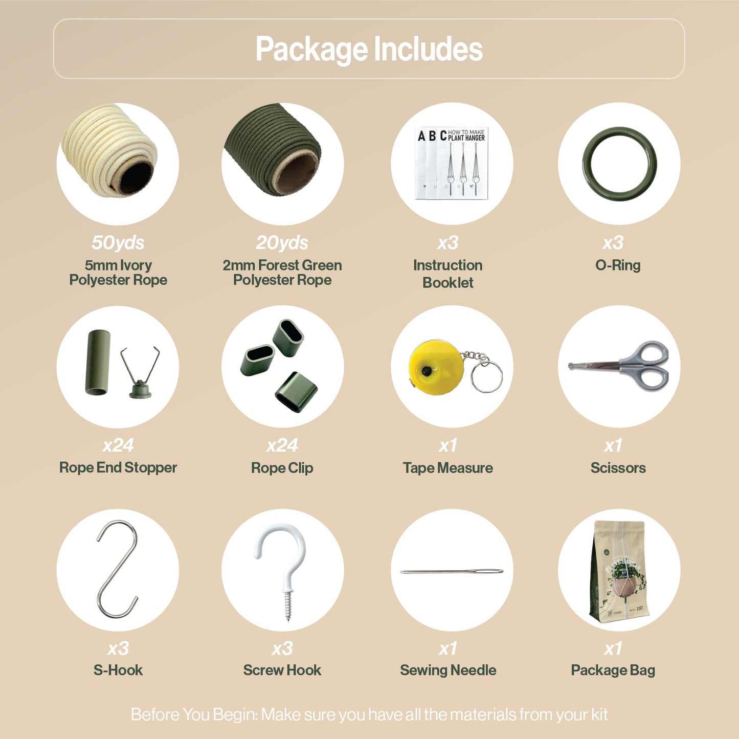 LET BE Macrame Kits for Beginners, 3 Set of Plant Hangers DIY Kit: Braided Polyester Ropes 50yds*5mm Ivory, 20yds*2mm Forest Green, 60+Pcs Supplies with Step-by-Step Easy Instructions (IVGR)