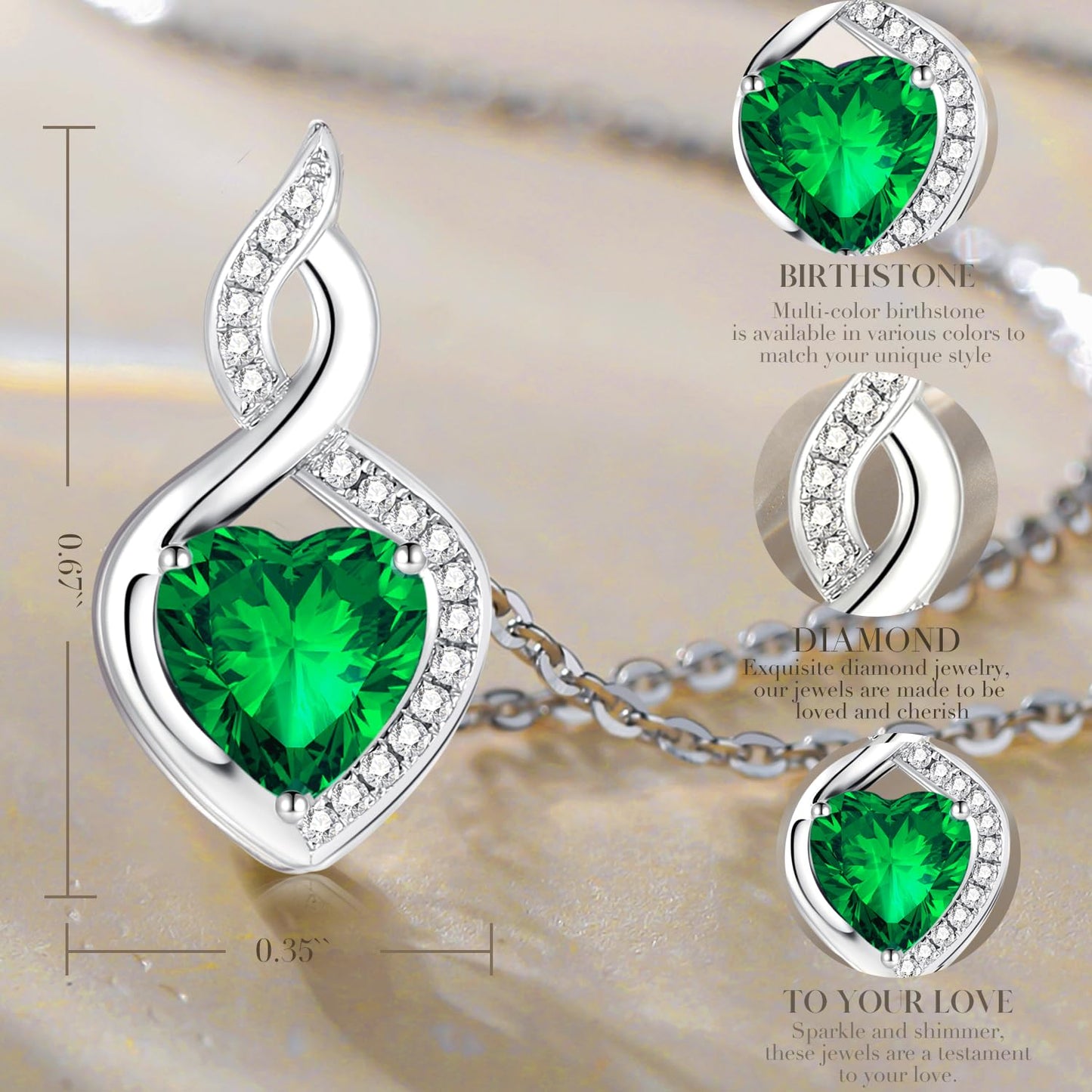 FANCIME Emerald Necklace 14K Solid White Gold Heart Pendant with Diamond May Birthstone Necklace Jewelry Gifts for Mom Women