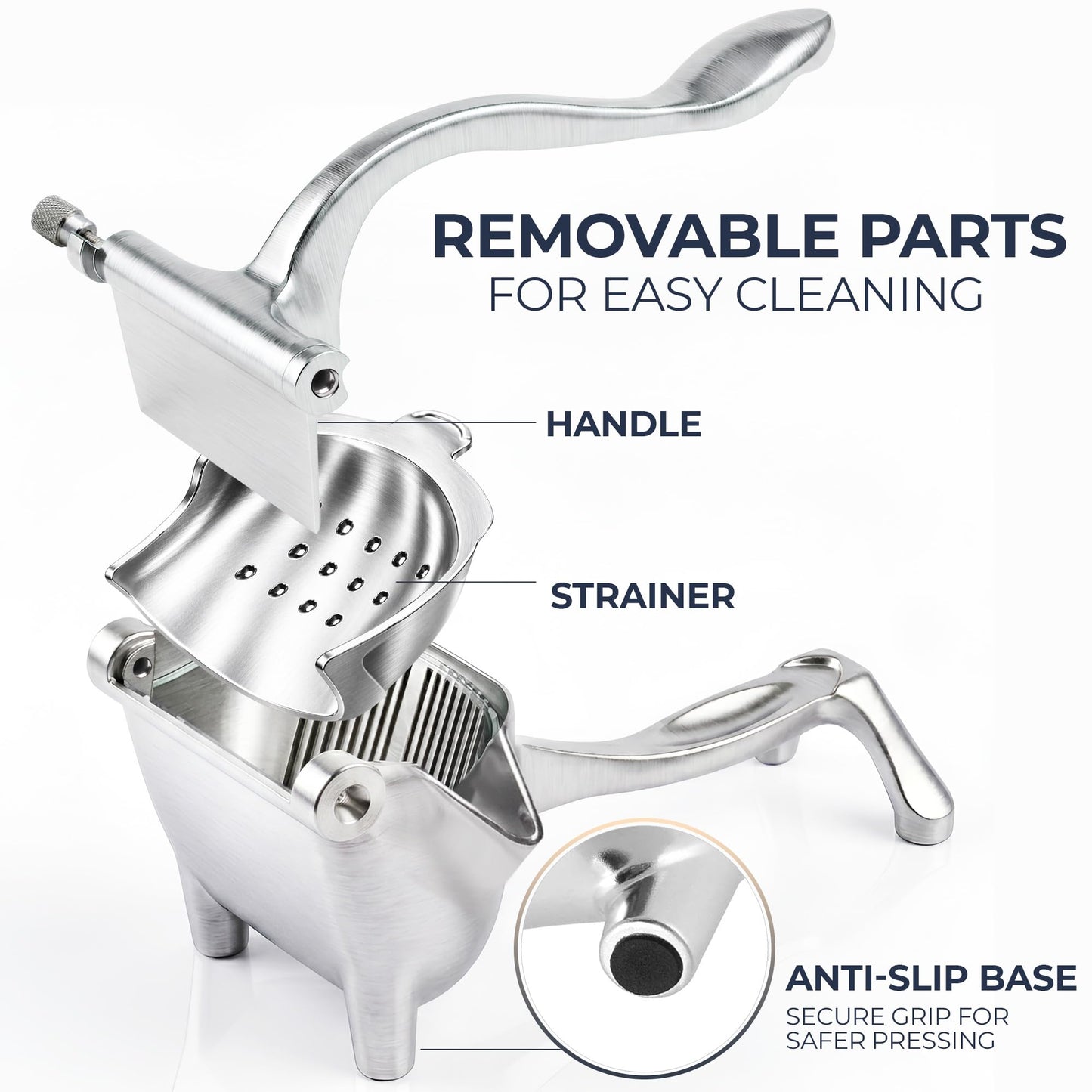 Zulay Manual Fruit Juicer- Heavy Duty Juice Press Squeezer with Detachable Lever & Removable Strainer - Fruit Press & Hand Juicer For Pomegranates, Lemons, Oranges, and More (Silver)