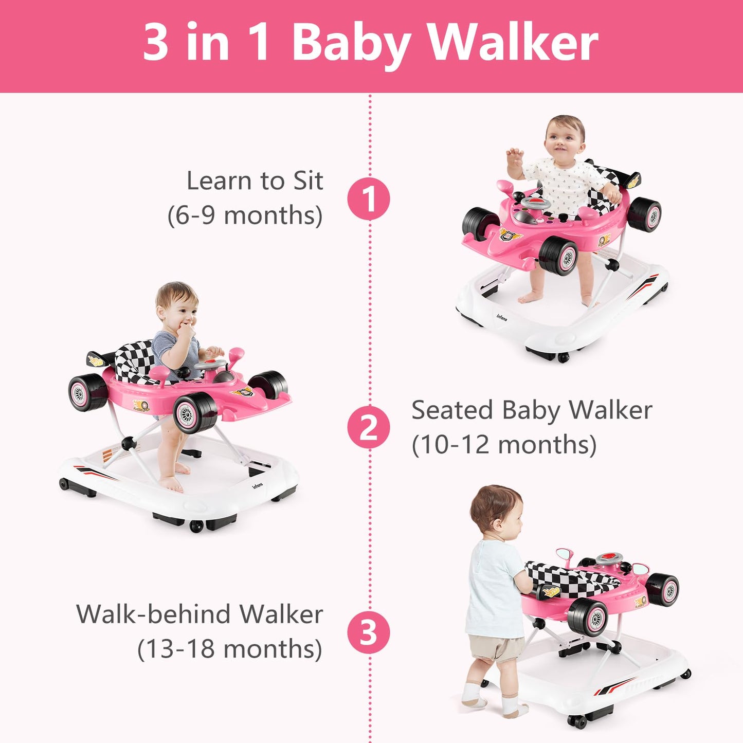 INFANS Foldable Baby Walker, 3 in 1 Toddler Activity Center Leaning-Seated Walk-Behind with Steering Wheel, Adjustable Height, Lights, Music, Washable Seat Cushion (Pink)