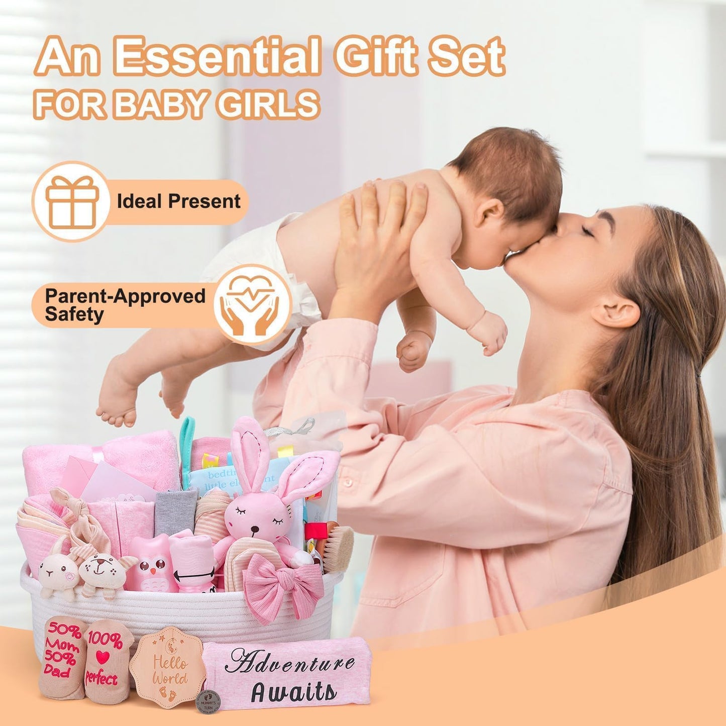 27-Piece Baby Girl Shower Gift Basket Set - Newborn Essentials, Large Pink Gift Basket With Rattle, Swaddle, Diaper Caddy Organizer