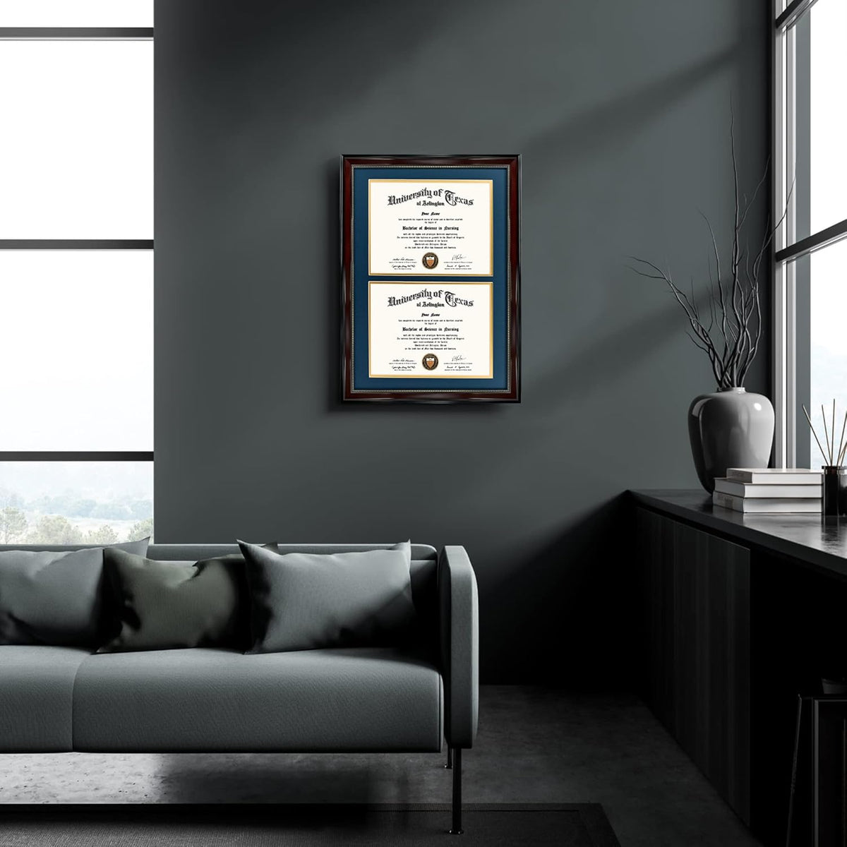 GraduationMall 14x20 Double Diploma Frame, Display 8.5x11 Certificate with Navy over Gold Mat,UV Protection Acrylic,Mahogany with Gold Beads