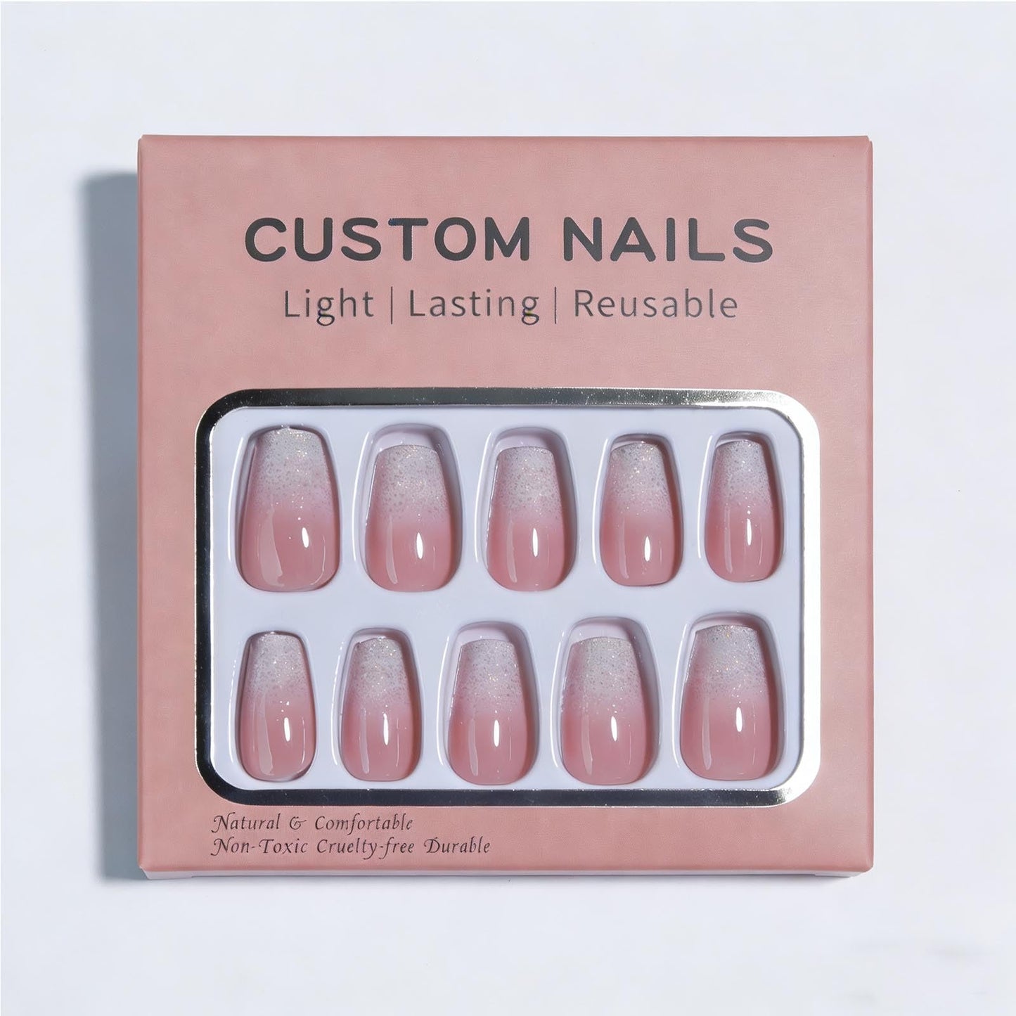 Hkanlre Medium Coffin Press on Nails Bling Fake Pink Nails Tips Full Cover False Nails for Women and Girls 24PCS