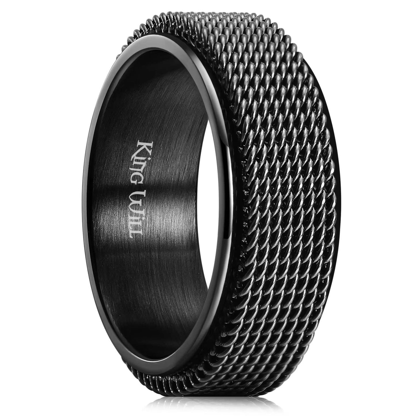 King Will Black 8mm Stainless Steel Chain Mesh Simple Plain Spinner Anxiety Ring for Women Men Wedding Band Ring Fidget Ring Mesh Chain Woven Mesh 10