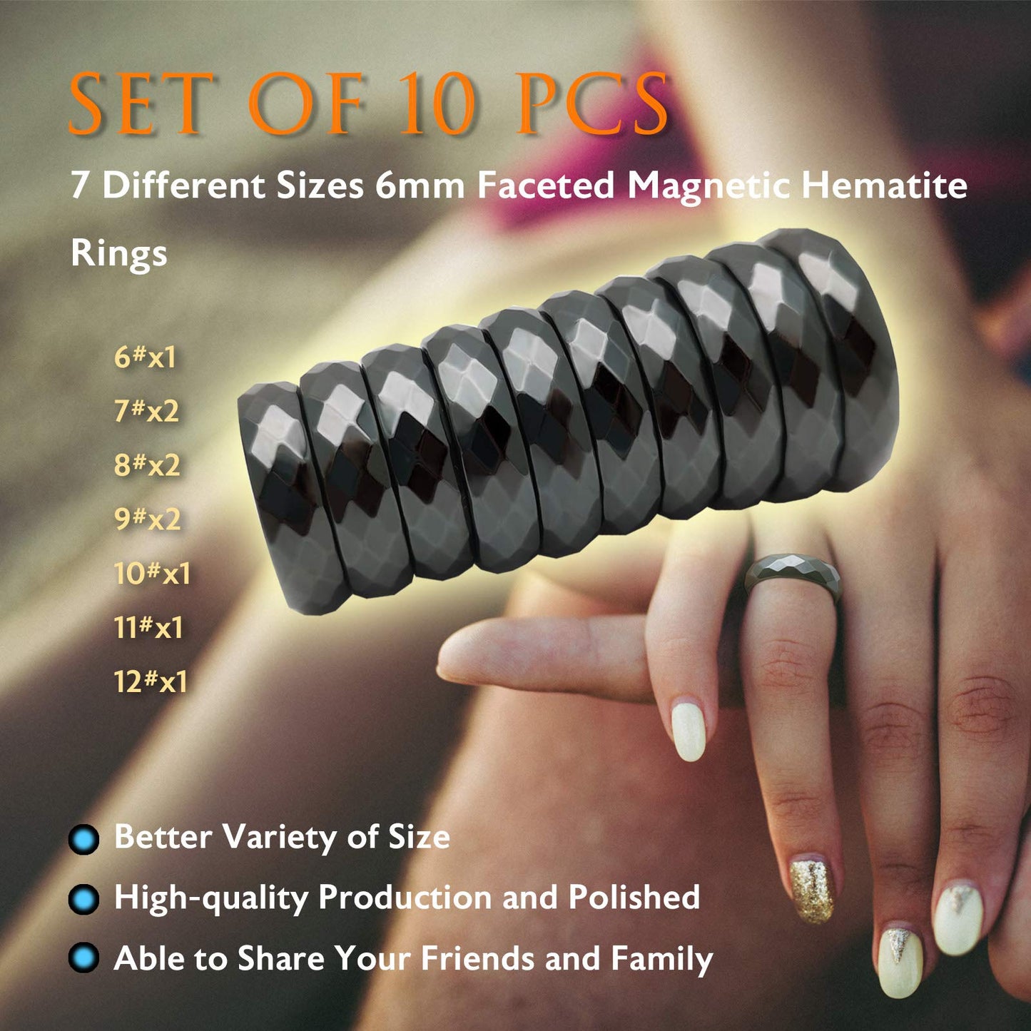 Morchic 10Pcs Pack Magnetic Hematite Stone Rings for Women & Men, Unisex Faceted Set (6mm Width) - Mixed Sizes 6-12, Chakra Balancing, Polished Gemstone, Gift Ready