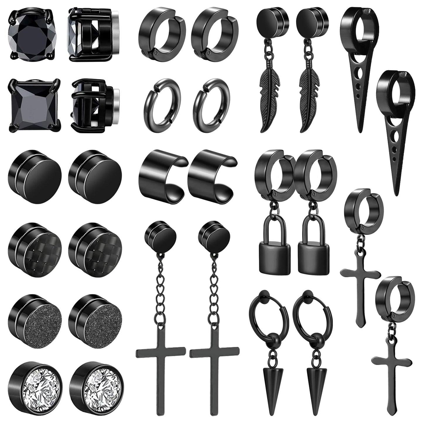 NEWITIN 15 Pairs Stud Earrings for Men Clip on Earrings Stainless Steel Non Piercing Earring Unisex Dangle Cross CZ Hoop Stud Earring Set for Men Women