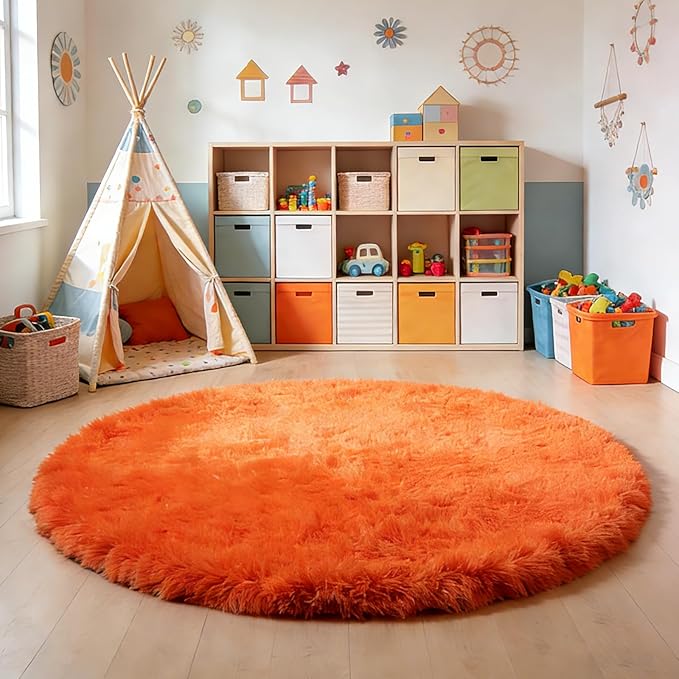 Orange Fluffy Round Rug,Soft Area Rugs for Girls Room,Shaggy Rugs 6'X6' for Living Room,Non Slip Circle Rug for Kids Bedroom,Shag Plush Nursery Carpets,Fuzzy Plush Rug for Dorm,Cute Room Decor Carpet