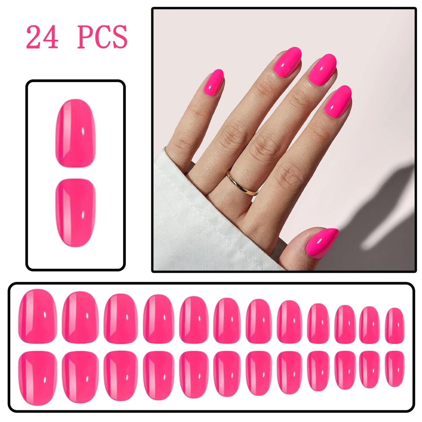 Rose Press on Nails short Almond Fake Nails Rose Pink Designs False Nails Full Cover Glossy for Women Daily Wear Manicure Decoration 24Pcs