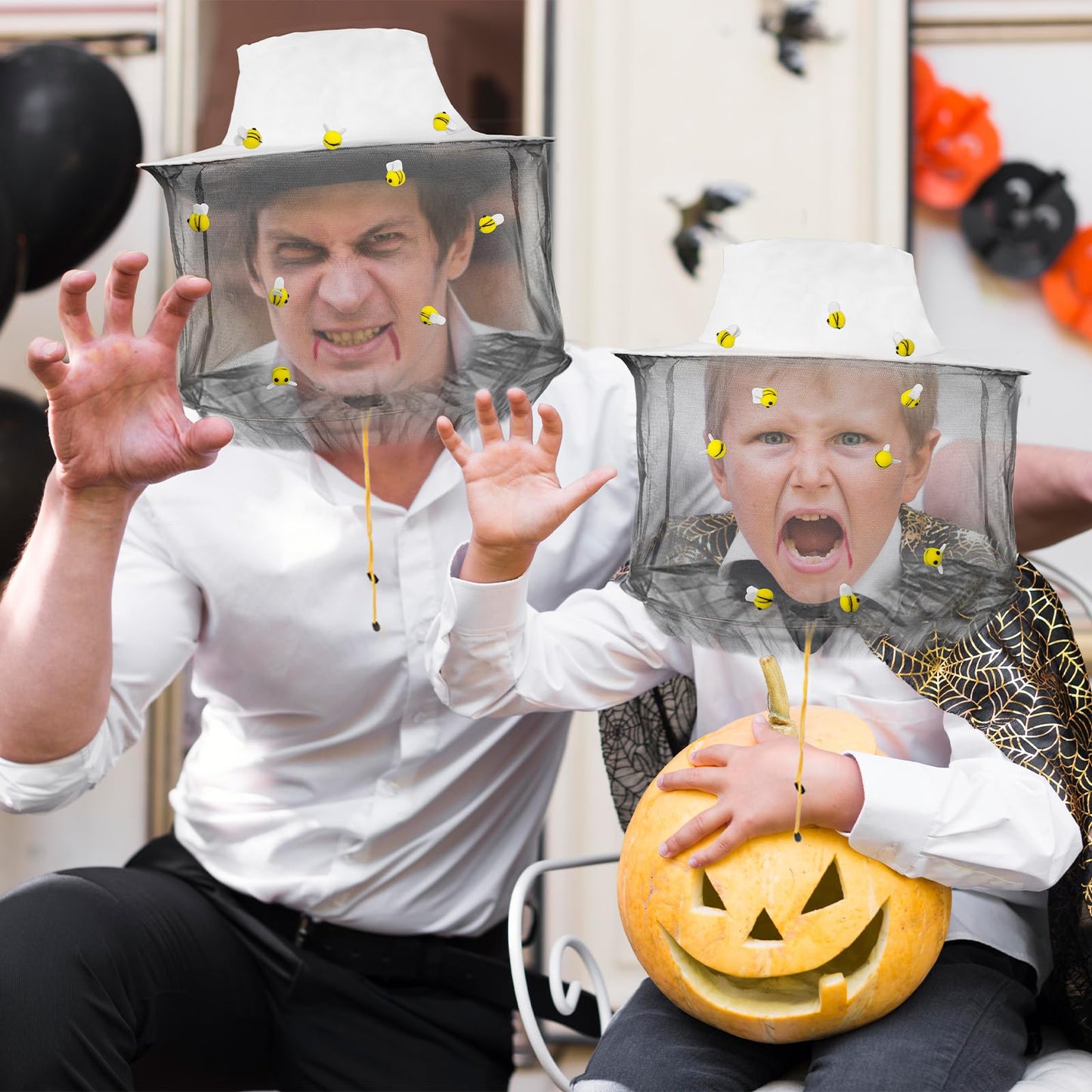 Beekeeper Hat Costume Set Includes 2 Beekeeper Hats and Veils, 40 Felt Bees, 1 Roll Of Double-Sided Tape, A Helmet, And A Fun Beecatcher Costume For A Halloween-Themed Party DIY