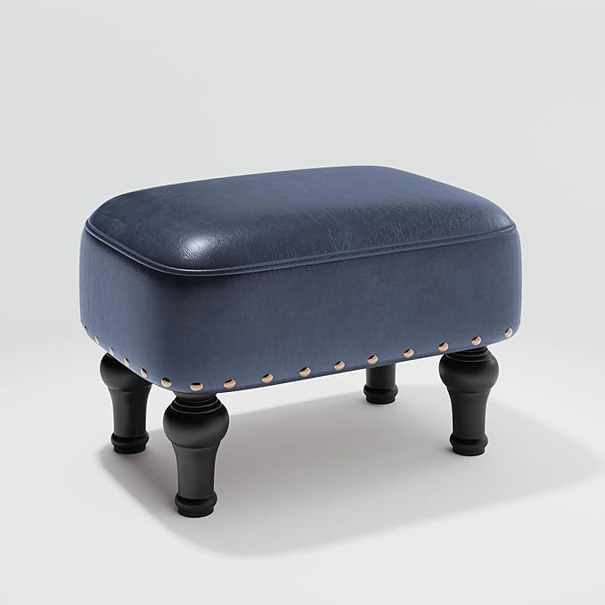 Ottoman Leather Foot Rest with Thicker Foam Padded Seat, Footstool with Wooden Legs (Blue)