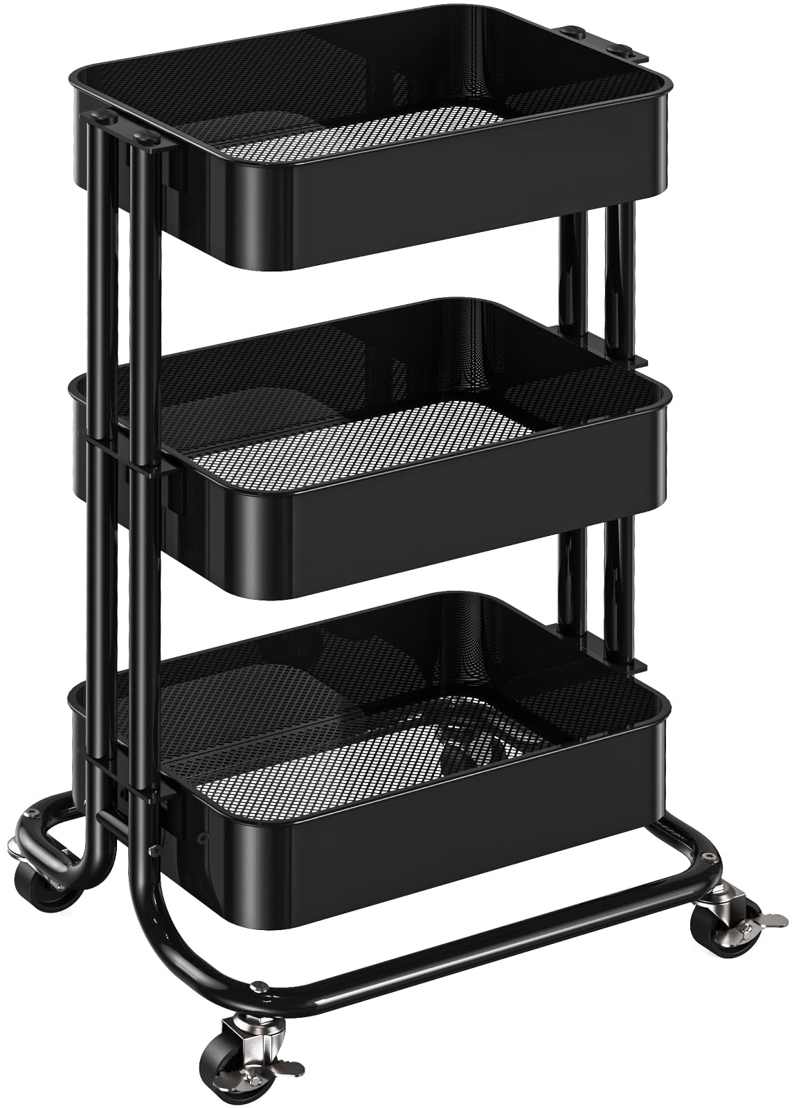Pipishell 3 Tier Metal Rolling Utility Cart, Heavy-Duty Storage Rolling Cart with 2 Lockable Wheels, Multifunctional Mesh Organization Utility Cart for Kitchen Dining Room Living Room (Black)