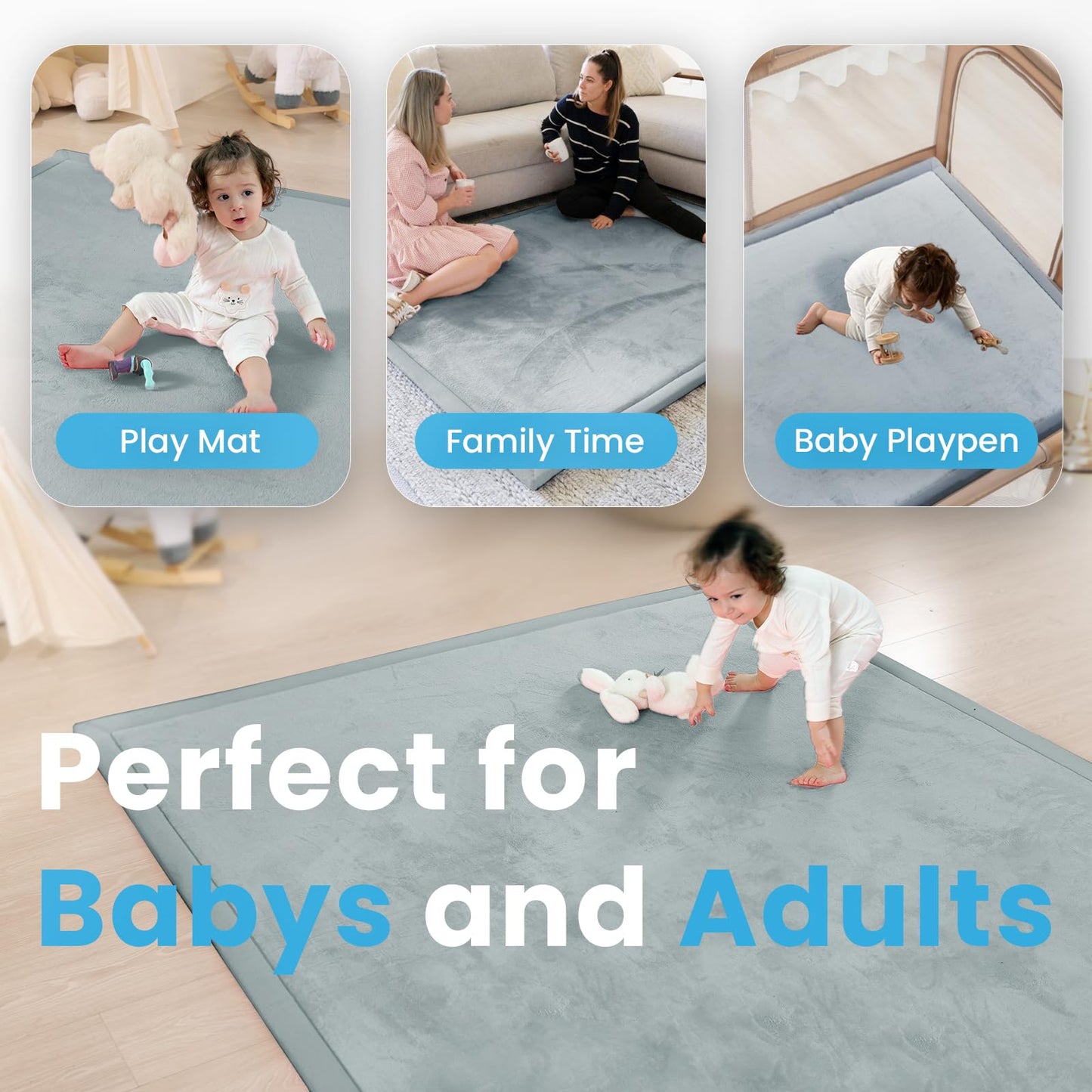 PaPaMat 1.3" Thick Baby Play Mat for Floor, 79x118 Large Foam Tummy Time Mat, Padded Support Soft Plush Nursery Rug for Infant Kids Toddler Crawling Kick Activity (Light Grey)