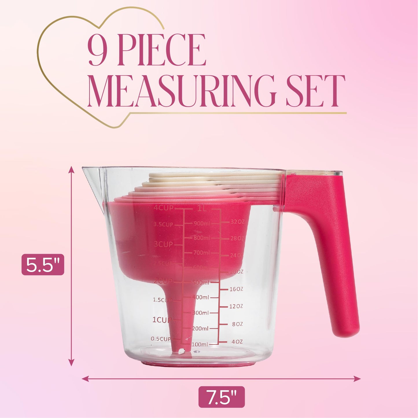 Paris Hilton 9-Piece Measuring Set, Durable Plastic Measuring Cups and Spoons With Funnel and Leveler, Dishwasher Safe, Pink