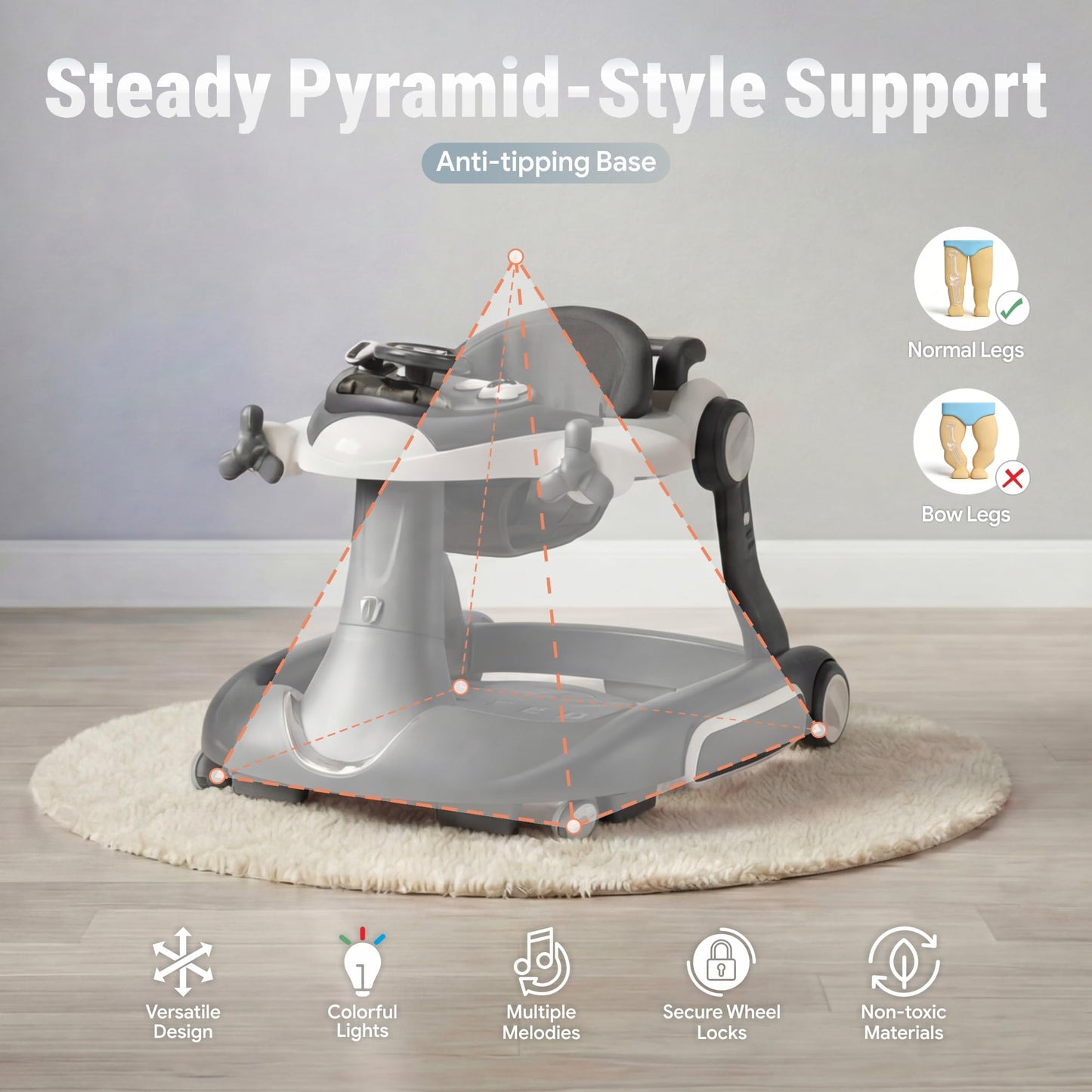 TODECARE 7 in 1 Baby Walker, Foldable Jumper Activity Center with Adjustable Height, Music, Lights, Speed Control, Detachable Play Tray, Infant Push Walker with Wheels for Boys Girls (Gray)