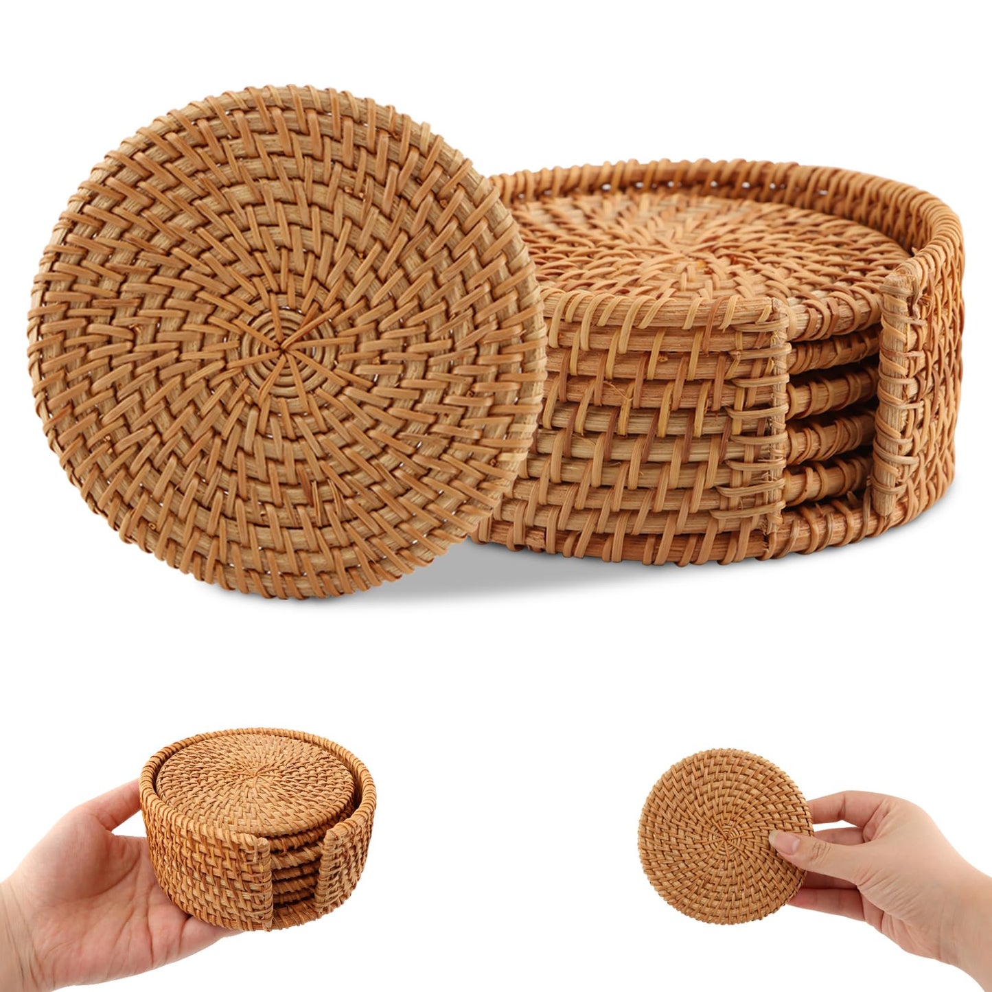 6pcs Handmade Rattan Coaster Set with Holder - Wicker Coasters, Heat-Resistant Drink Coasters for Coffee Table, Housewarming Gifts, Home Decor