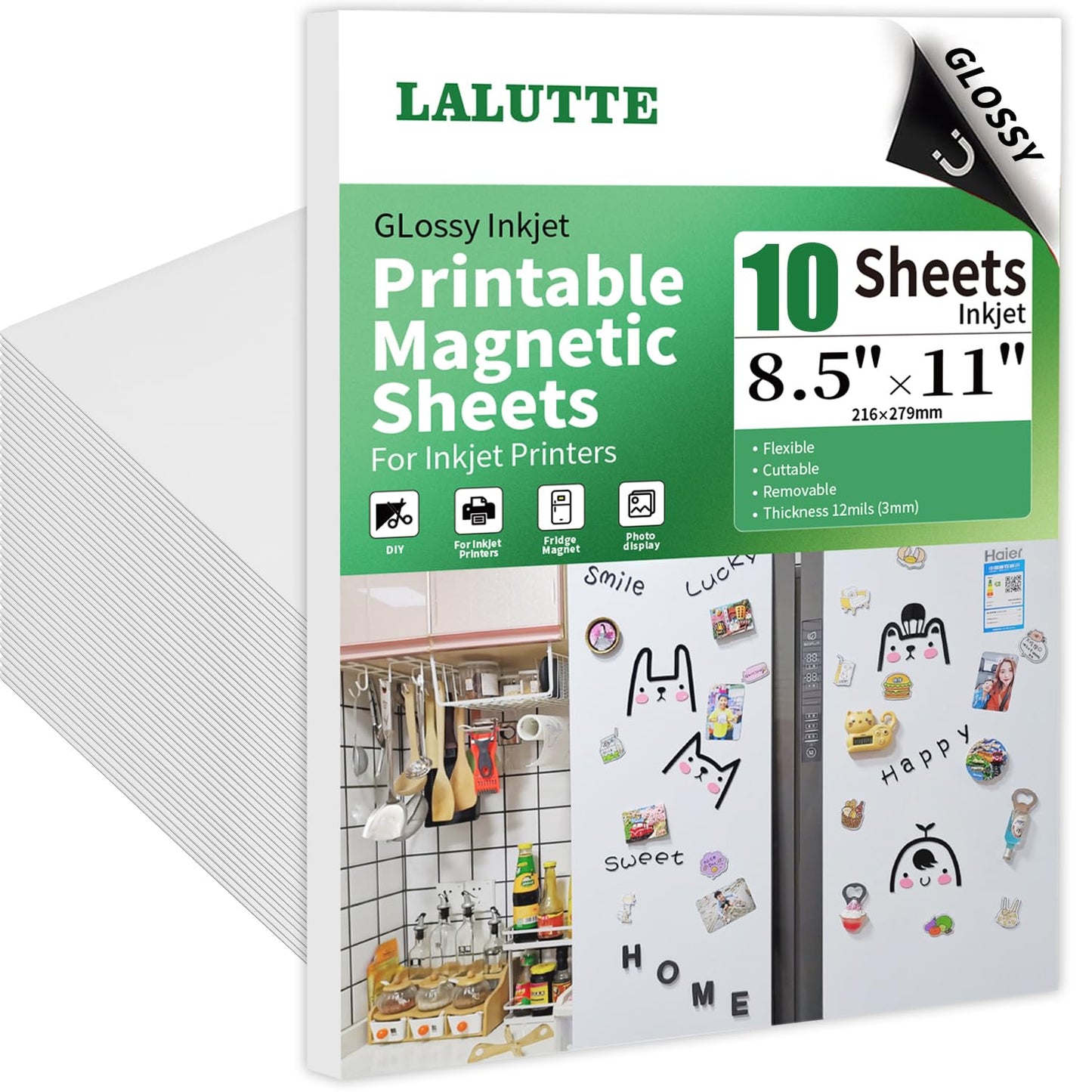 10Pcs Printable Magnetic Sheets 8.5x11 Inches for Inkjet Printers, Glossy White Magnetic Print Paper, 12mil Thickness, Flexible Magnet Photo Paper for Refrigerator DIY Crafts