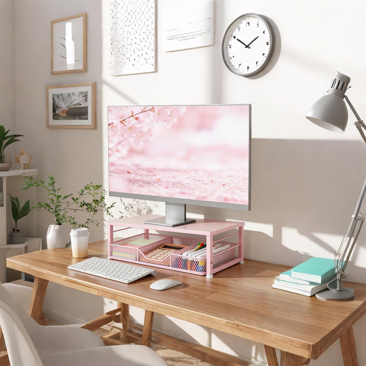 Gugsey Small Pink Laptop Stand for Desk, Monitor Stand, Office Desk Accessories, Computer Desktop Stand with Drawer for Home, Office, School (Pink)