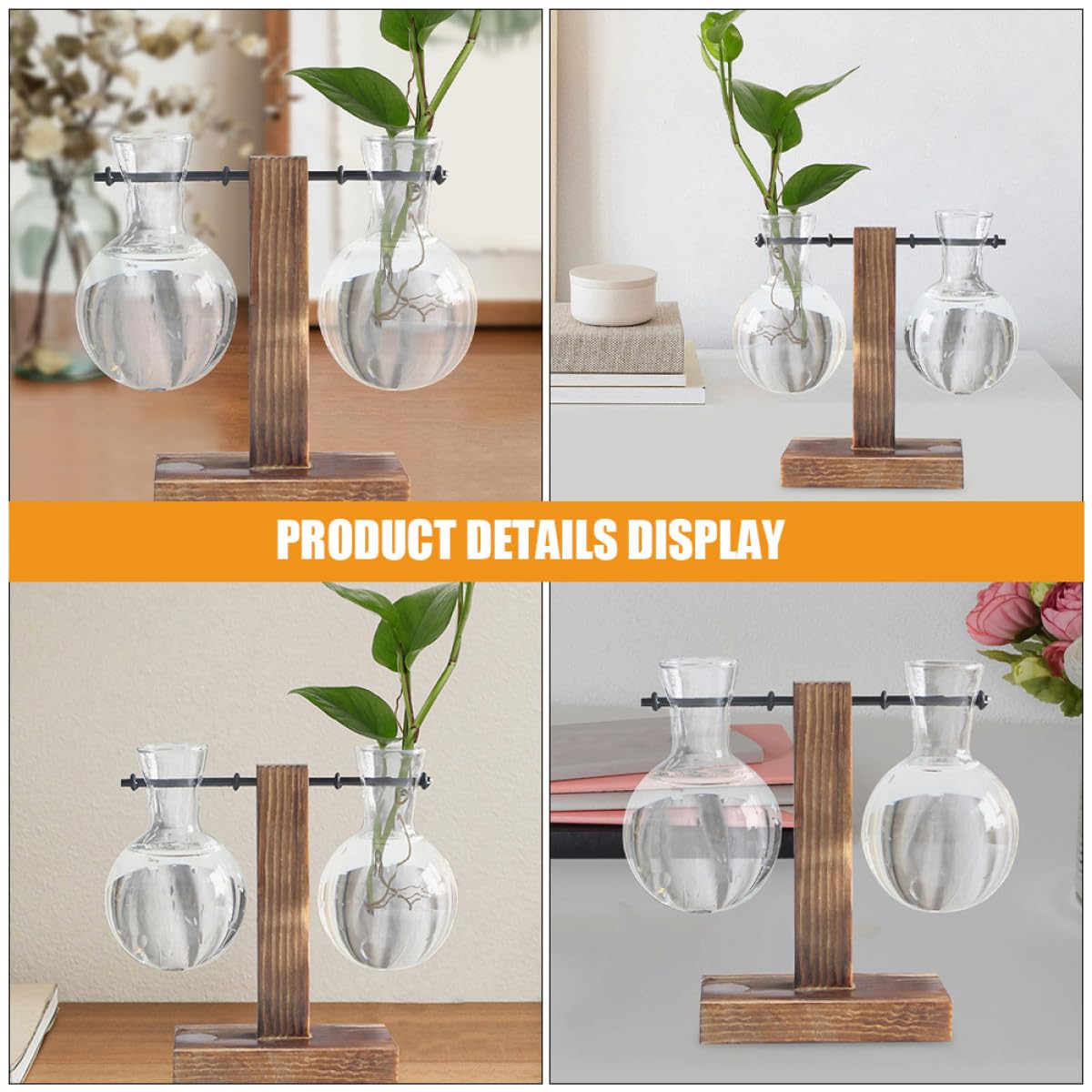 MOBUTOFU 3pcs Hydroponic Propagation Glass Containers with Wooden Stand, High Borosilicate Plant Terrarium Glass Holders for Indoor Desktop Decoration