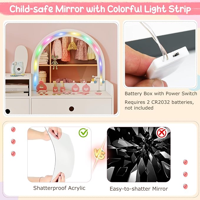 Costzon Kids Vanity, Girls Vanity Set with Mirror and Stool and Lights, Drawers & Storage Compartments, Toddler Makeup Vanity Desk Dressing Table, Wooden Kids Vanity Table and Chair Set (White)