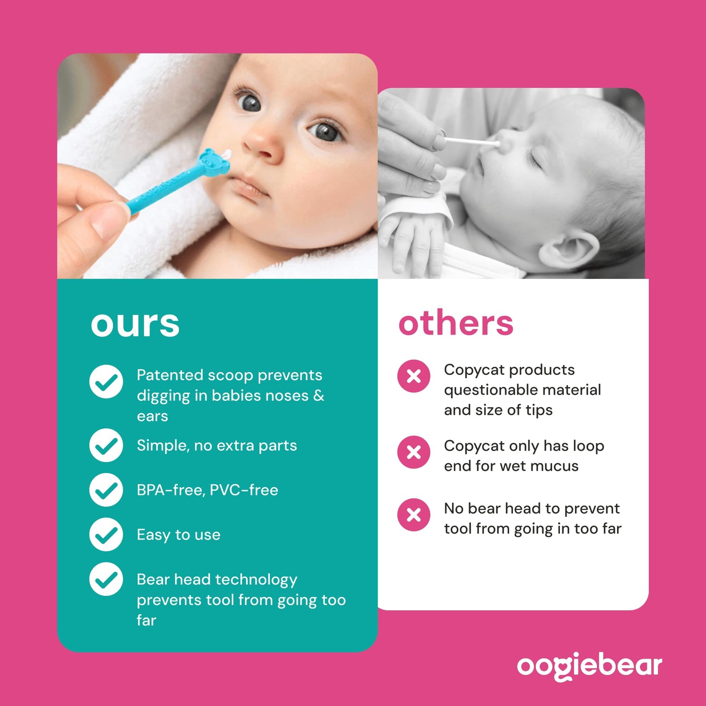 oogiebear: Baby Nose Cleaner & Ear Wax Removal Tool - Safe Booger & Earwax Removal for Newborns, Infants, Toddlers - Dual-Ended - Essential Baby Stuff, Diaper Bag, Raspberry & Seafoam with case