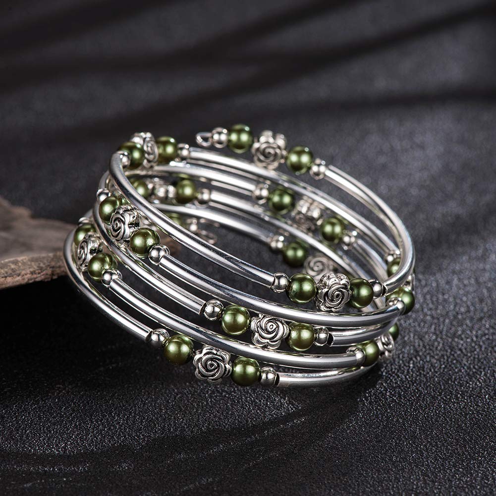 BULINLIN Wrap Bangle Rose Bead Bracelet - Beaded Bracelet with Natural Agate Stone Gifts For Women(01-Olive green pearl)