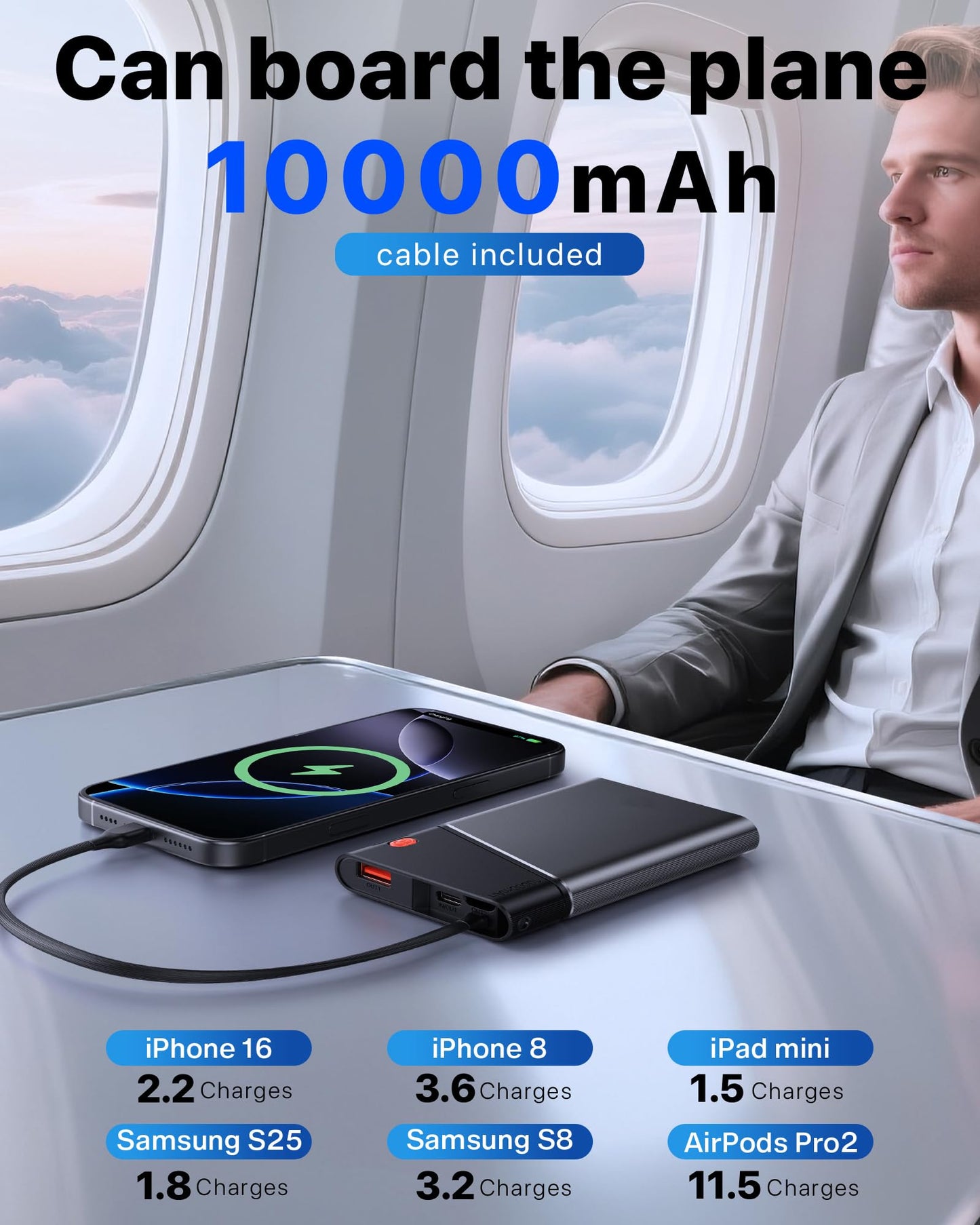 Aaoyun Portable Charger Power Bank, 10000mAh 22.5W PD Fast Charging Powerbank with Built-in USB C Cable, Slim External Phone Battery Pack for iPhone 17/16/15 Samsung S24 Android etc (Grey)