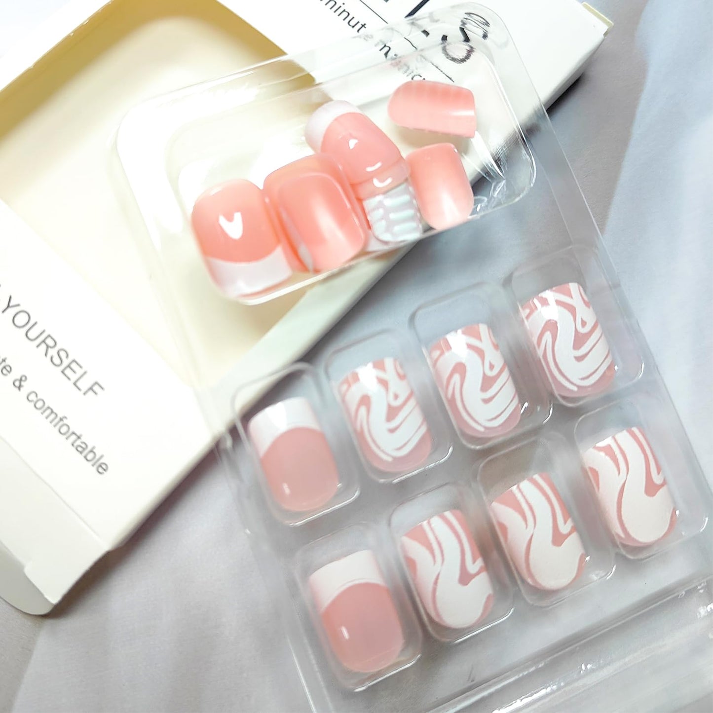 MKWNTG French Tip Press On Nails - Square, Short, Glossy, Full Cover, White Striped Design, Reusable Artificial Acrylic Nails for Women & Girls (24Pcs)