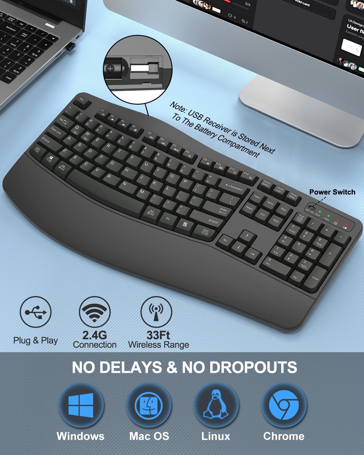 EDJO Ergonomic Wireless Keyboard for Large Hands, with Wrist Rest, Wave Keys, 2.4GHz Full Size Ergo Cordless USB Computer Keyboard, Comfortable Natural Typing, for Laptop, Mac, Windows (Gray)