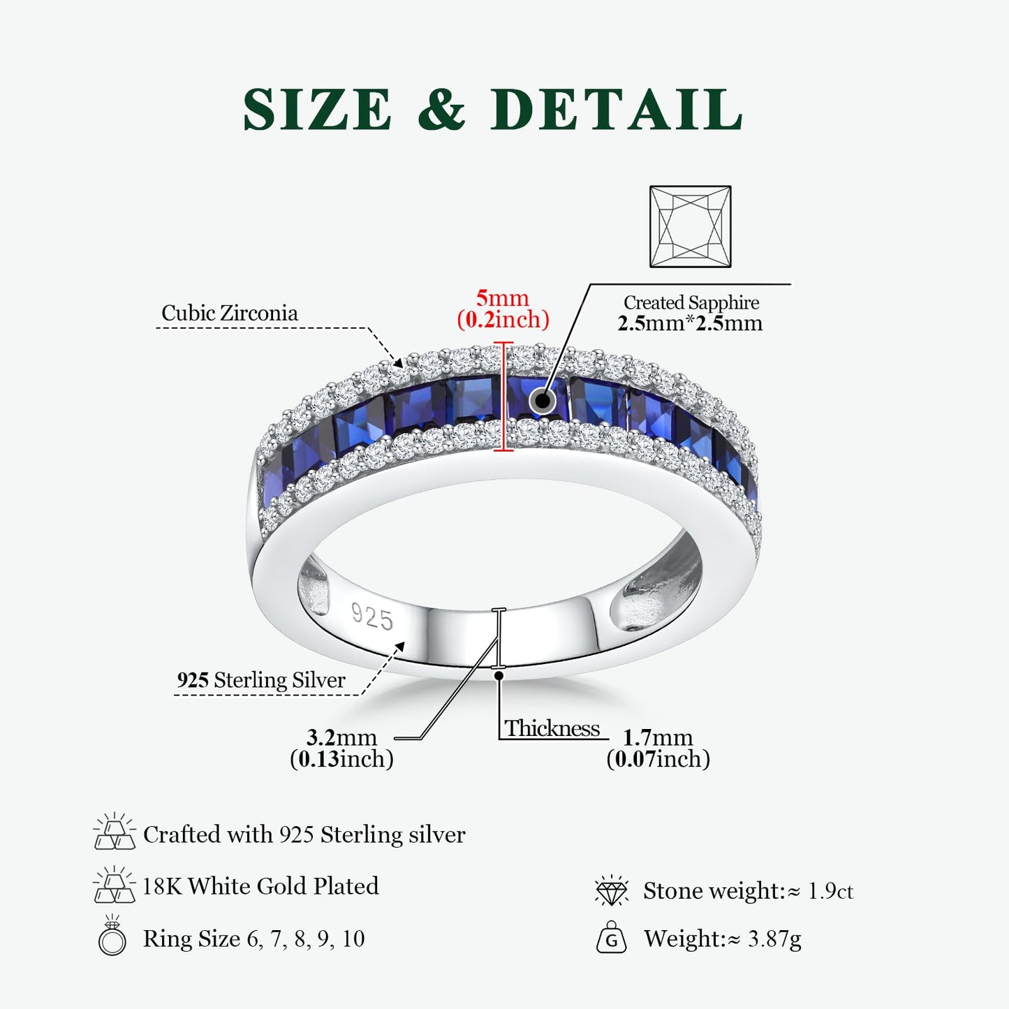 RANDES 925 Sterling Silver Blue Sapphire Eternity Band Rings for Women Channel Set Princess Cut Engagement Wedding Ring Size 10