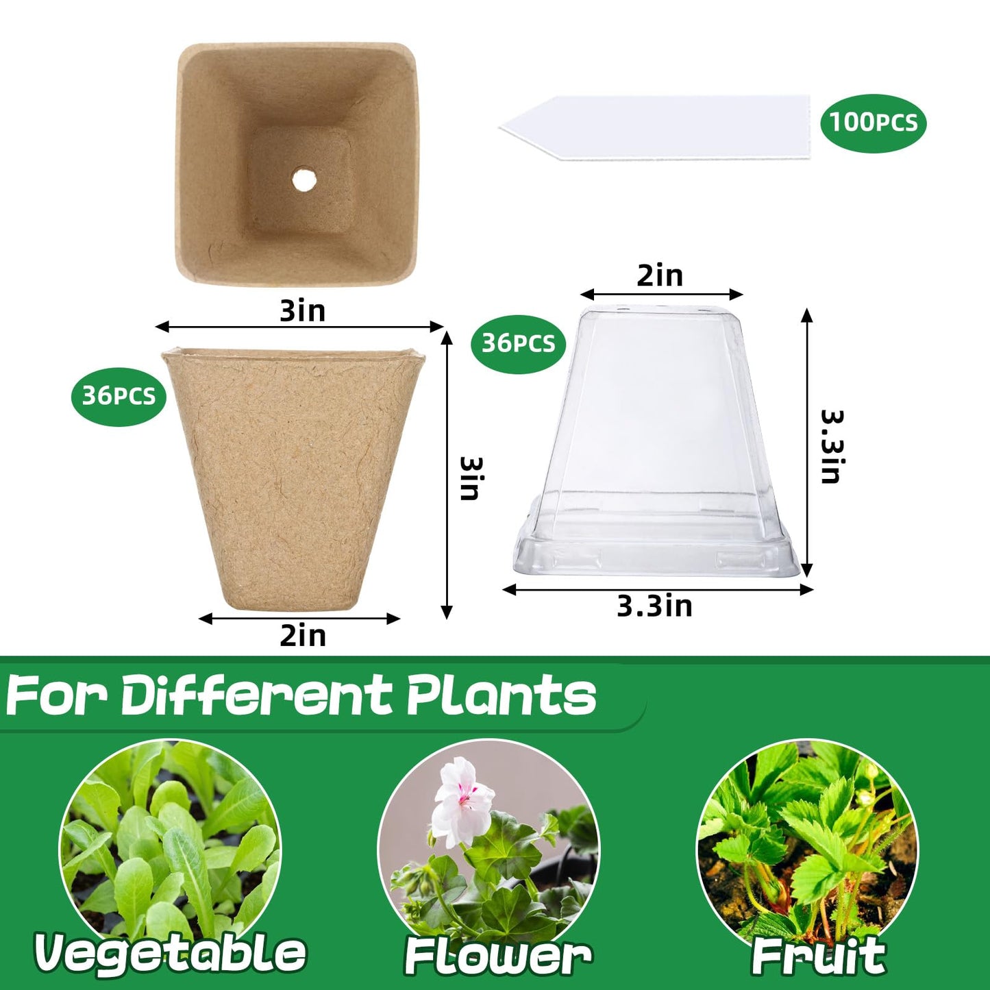 Aulock 36 Sets Plant Nursery Pots with Humidity Dome - 3in Seed Starting Pots, Square Peat Pots with 100 Labels for Garden Flowers Herbs Vegetables Seedlings