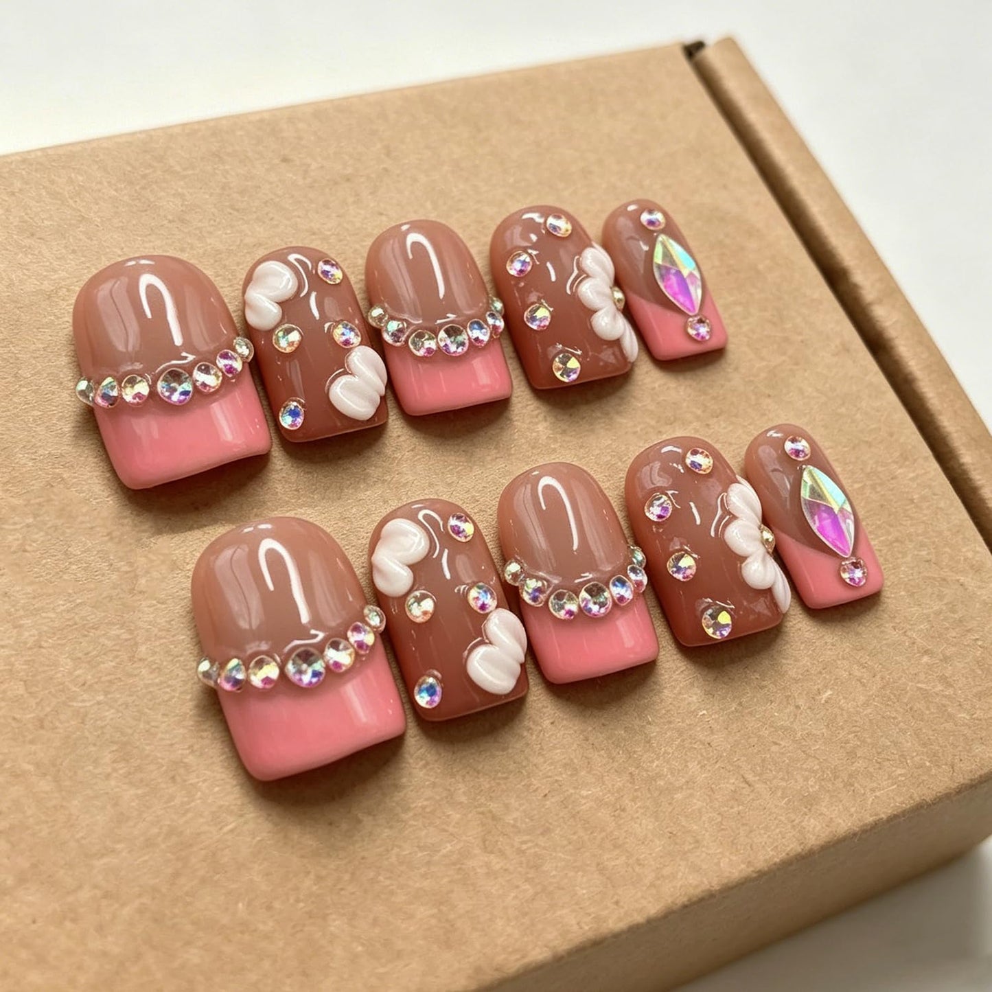 Luxury Press on Nails Short Square Handmade 3D Unique Reusable ABS Material Fake Nails French Tip False Nails with Rhinestones Flower Designs Pink Elegant Glossy Glue on Nail Thick Acrylic Nail(M)